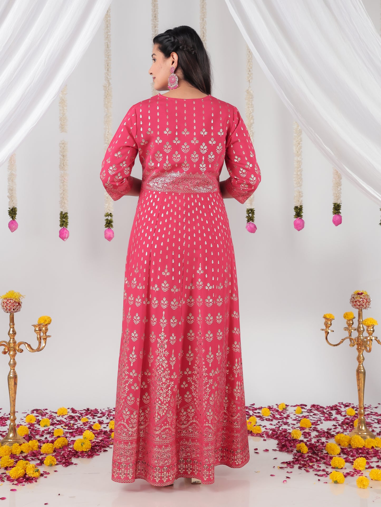 Vertigan Gold foil Anarkali Royal Pink Kurta