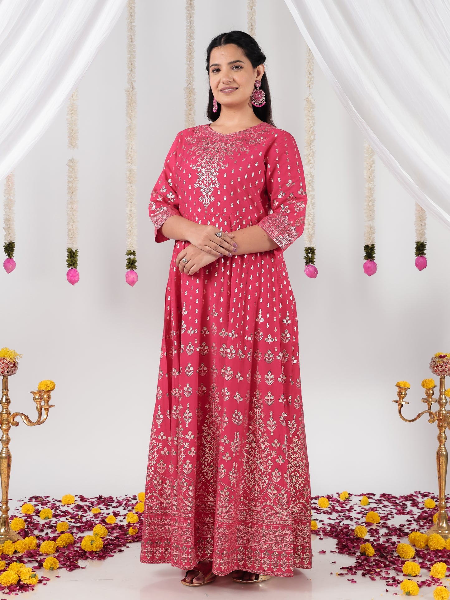 Vertigan Gold foil Anarkali Royal Pink Kurta