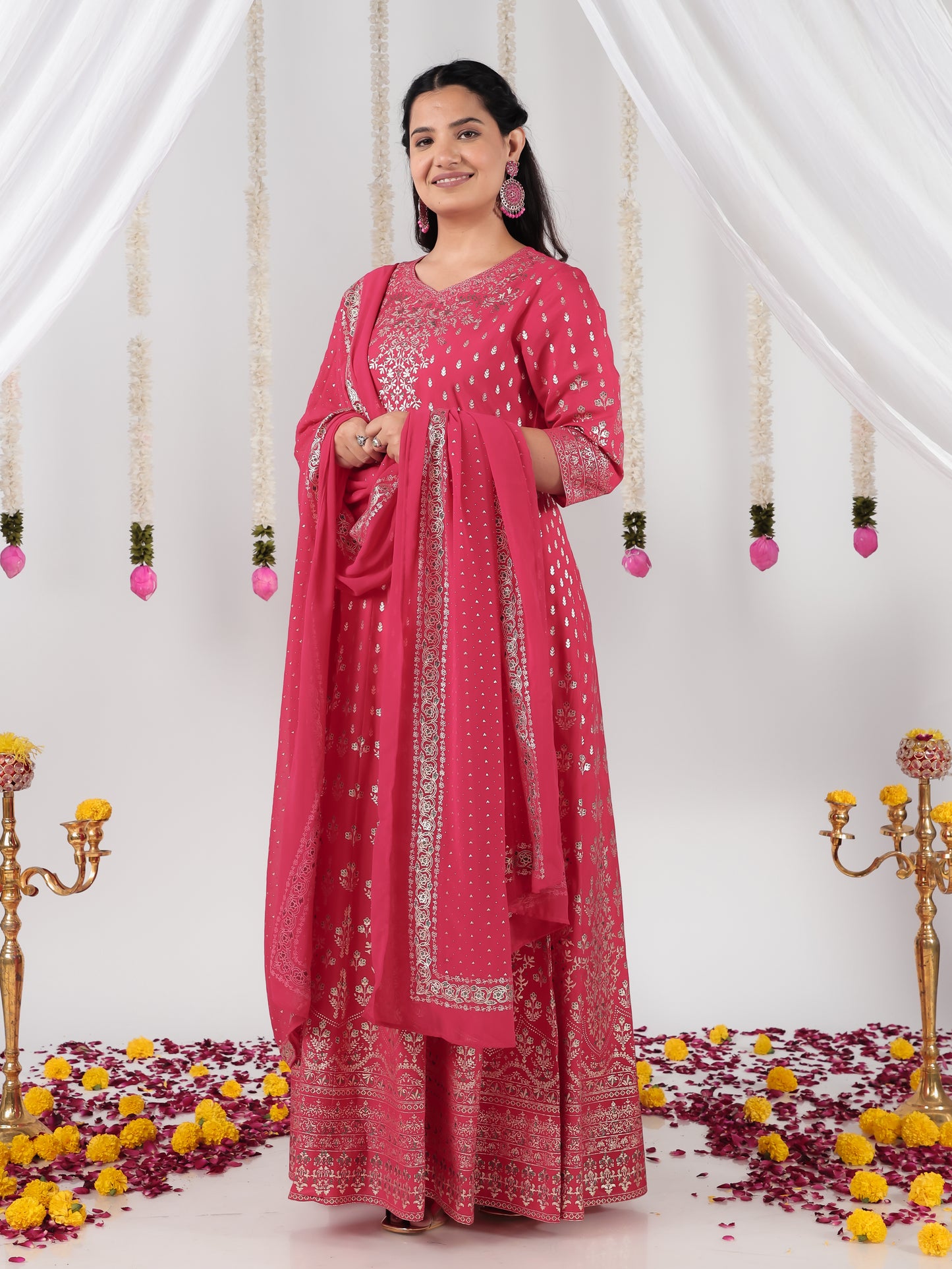 Vertigan Gold foil Anarkali Royal Pink Kurta