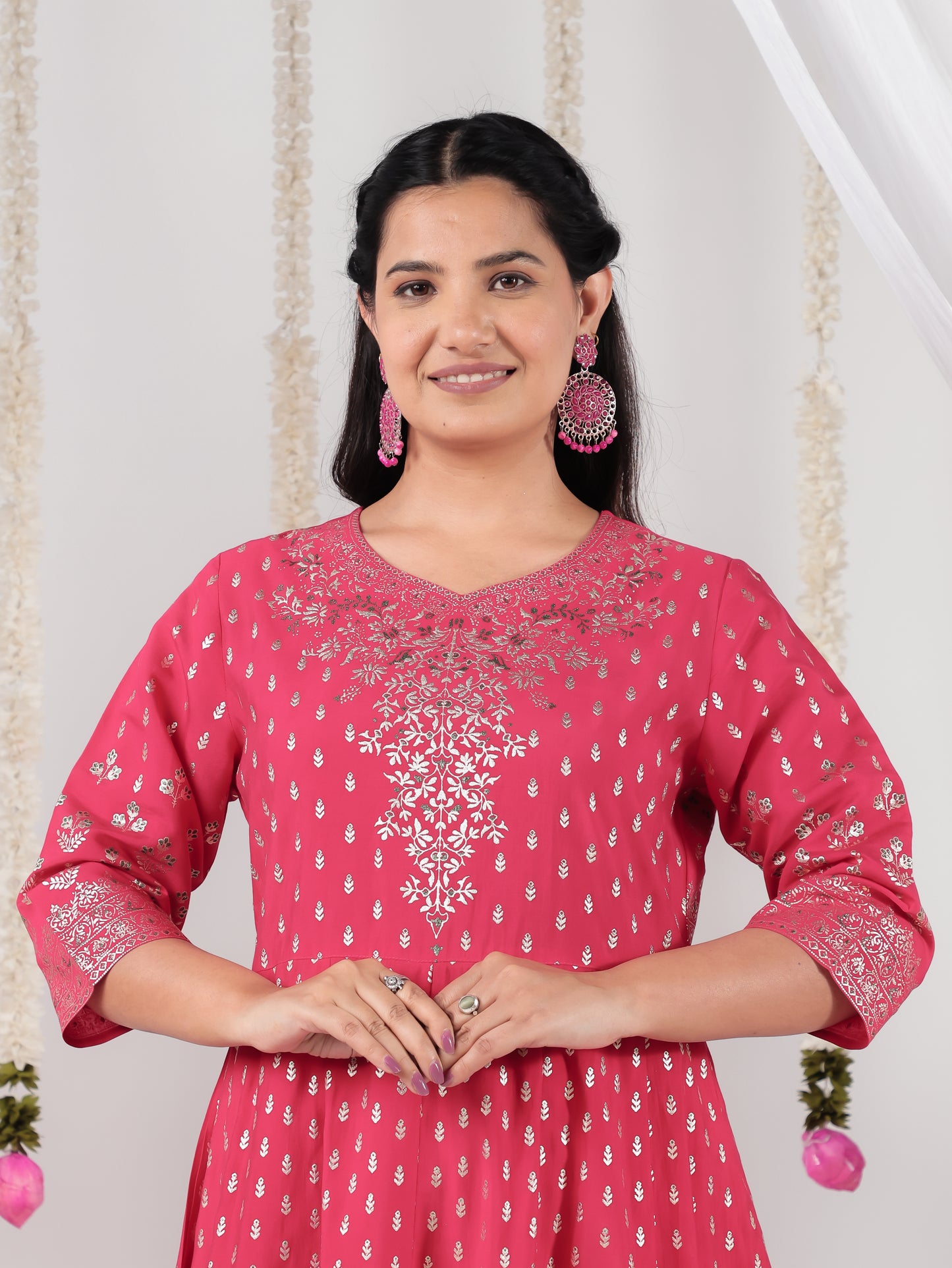 Vertigan Gold foil Anarkali Royal Pink Kurta