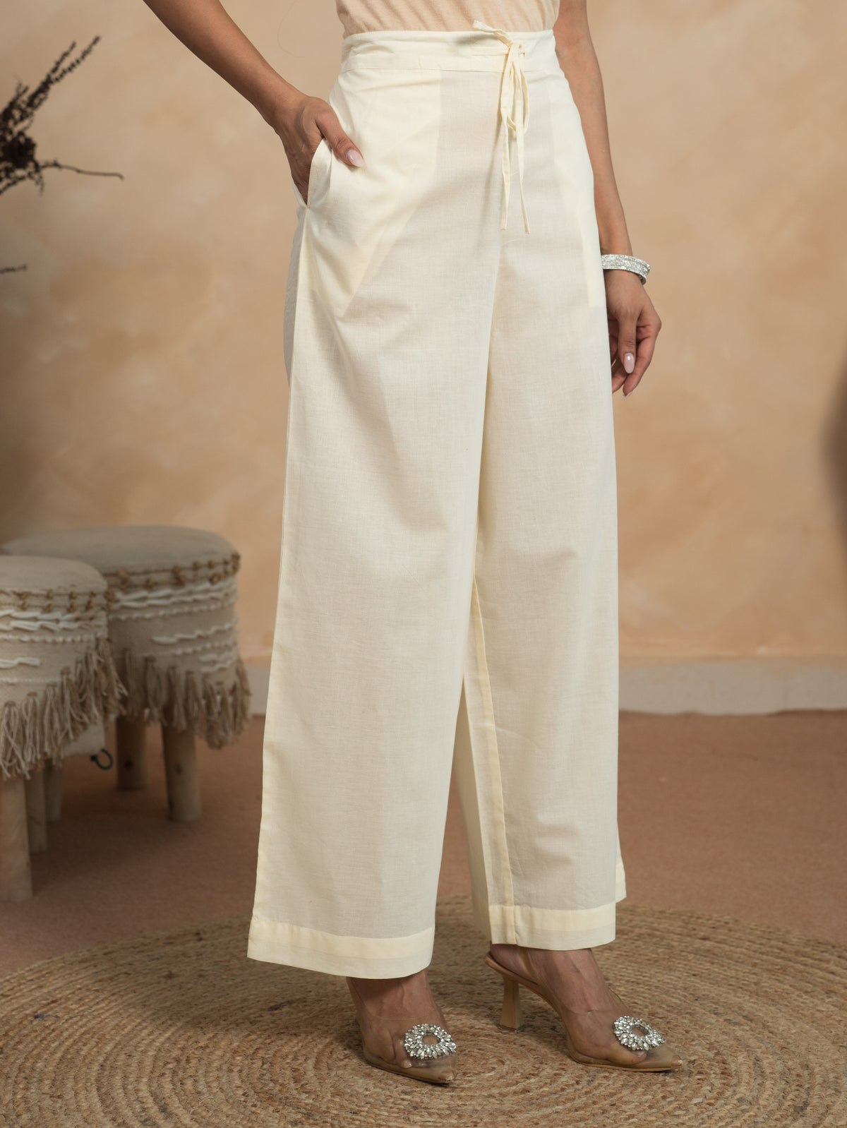 Soft Cotton Solid Off White Palazzo