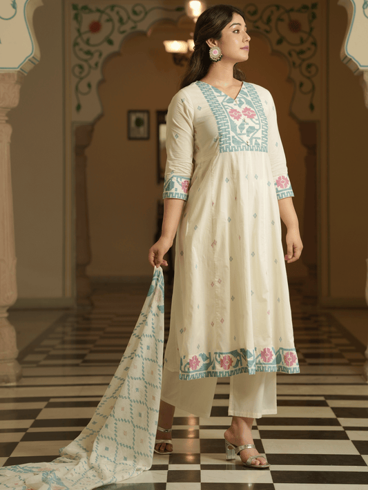 Cotton Voile Geometric Off White Dupatta