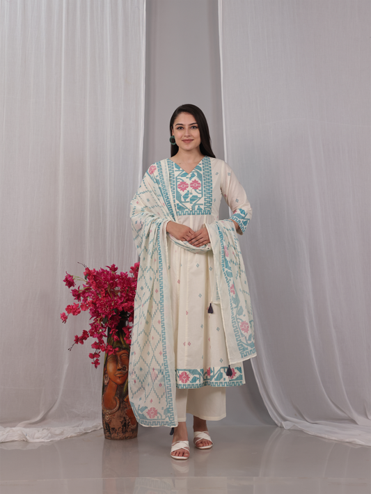 Cotton Voile Geometric Off White Dupatta