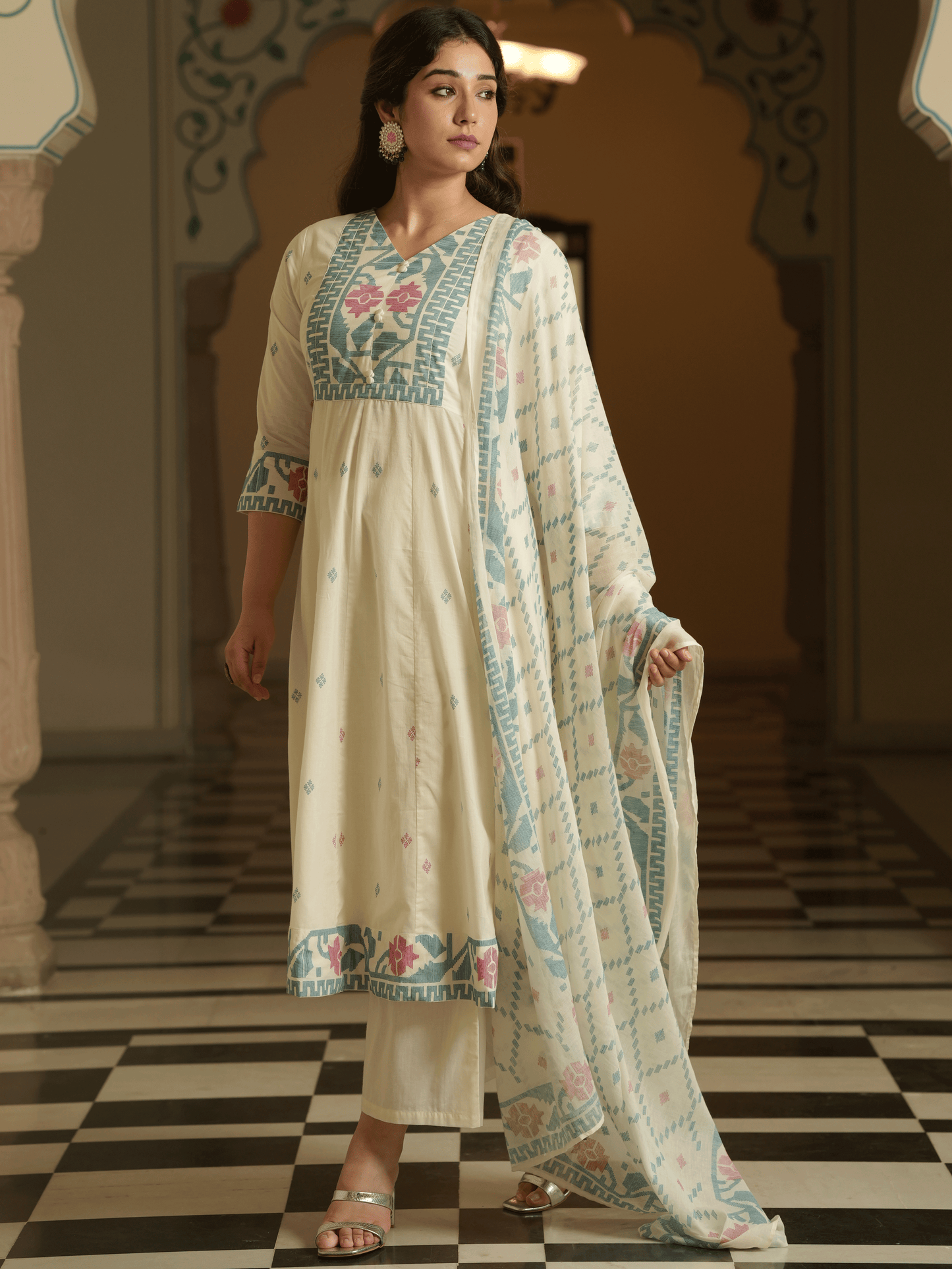 Soft Cotton Geometric Off White Kurta