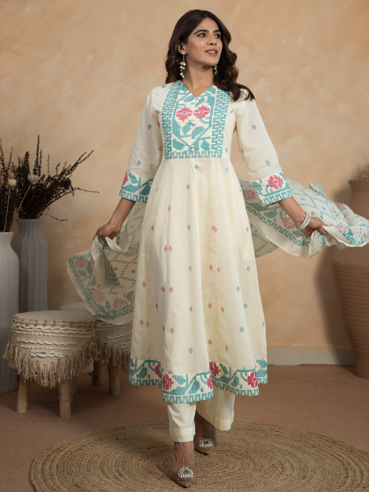 Soft Cotton Geometric Off White Kurta