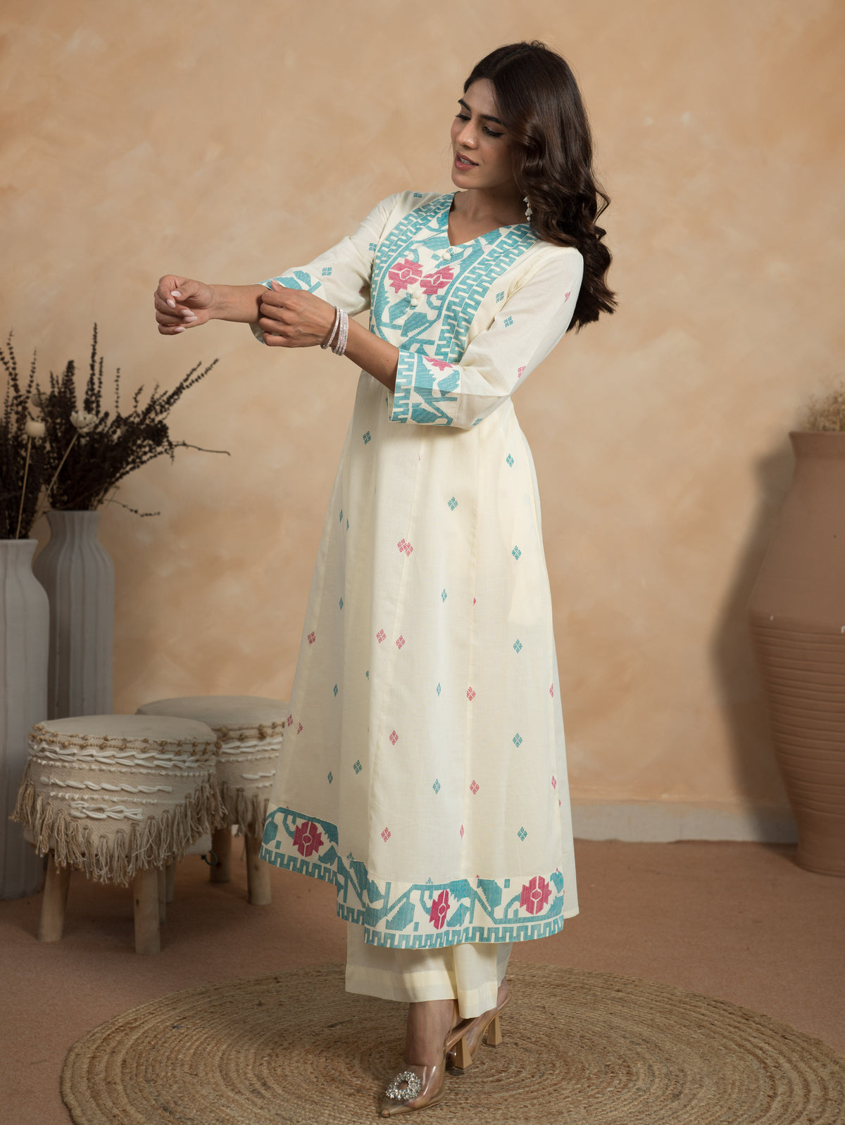 Soft Cotton Geometric Off White Kurta