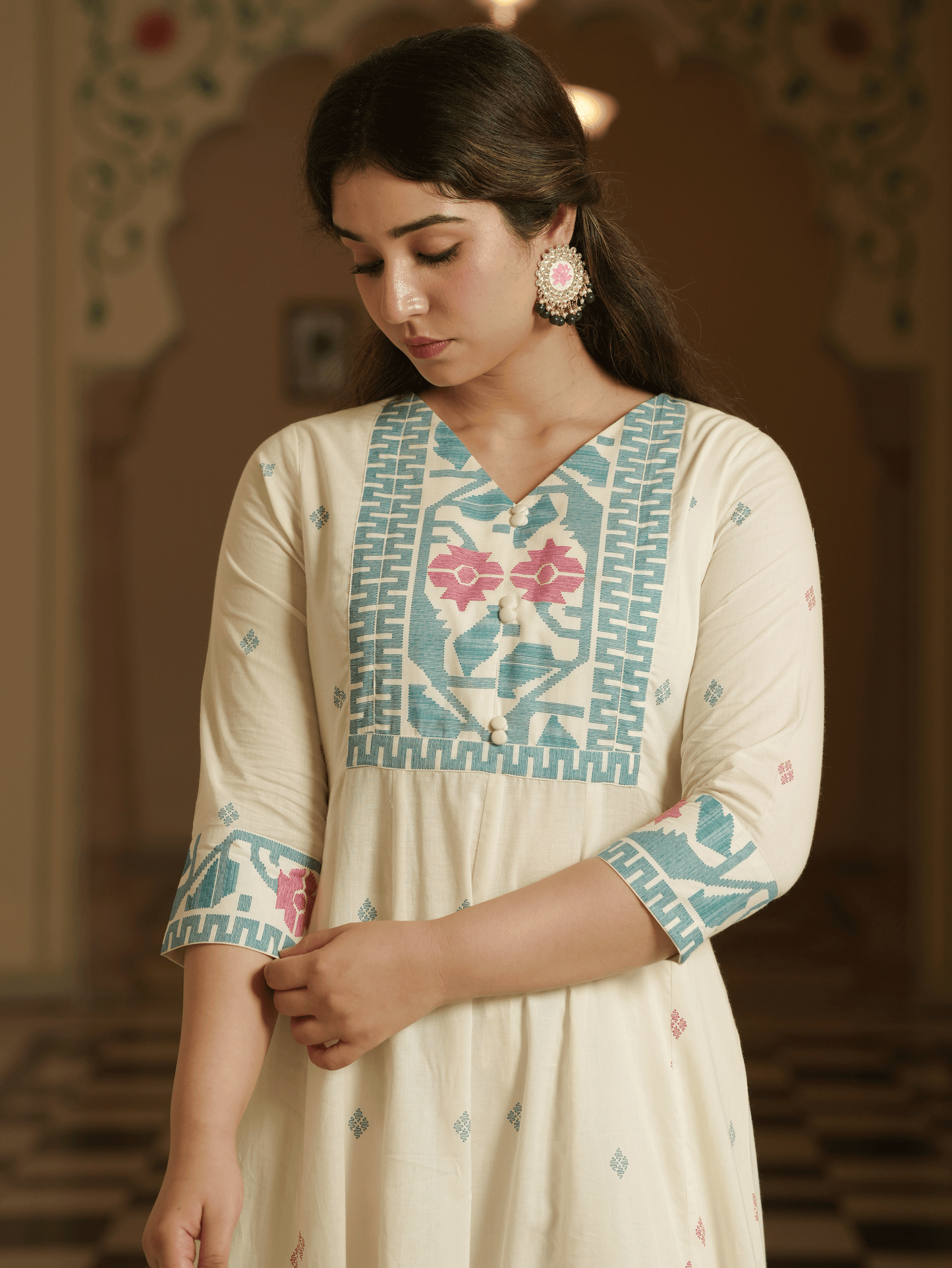 Soft Cotton Geometric Off White Kurta
