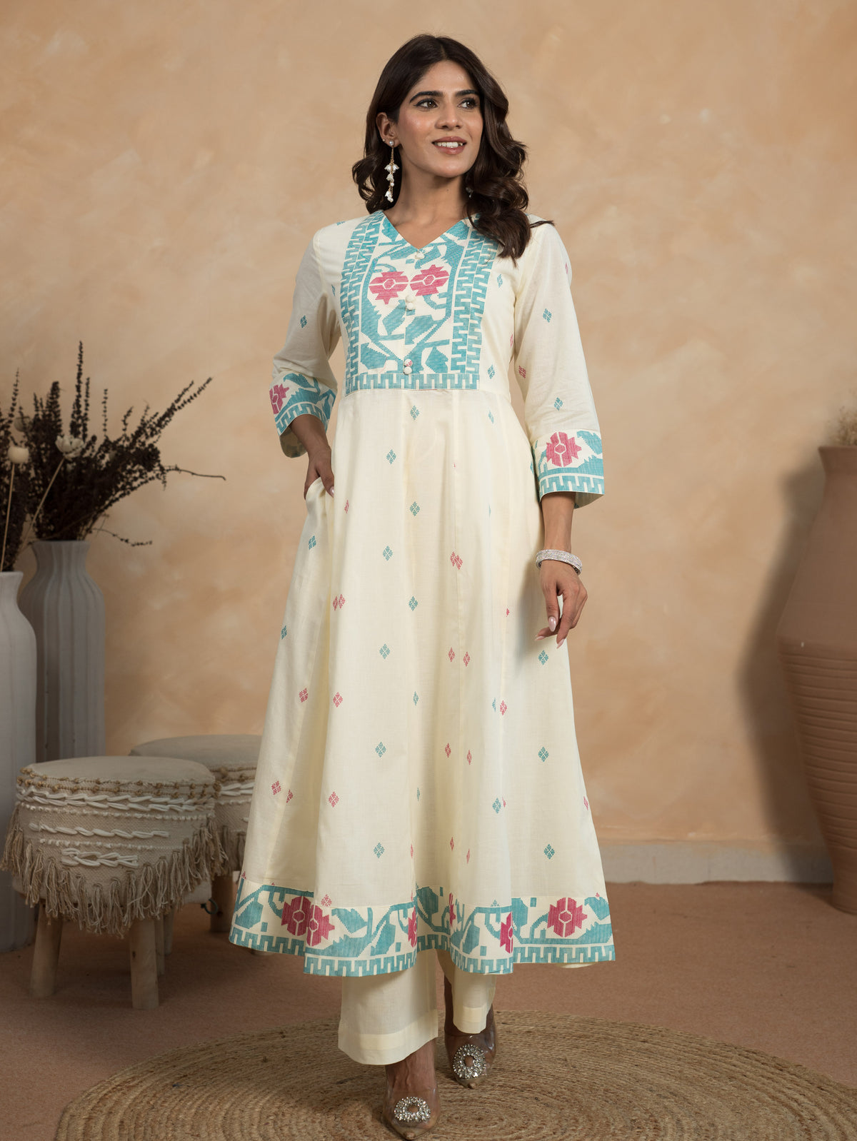 Soft Cotton Geometric Off White Kurta