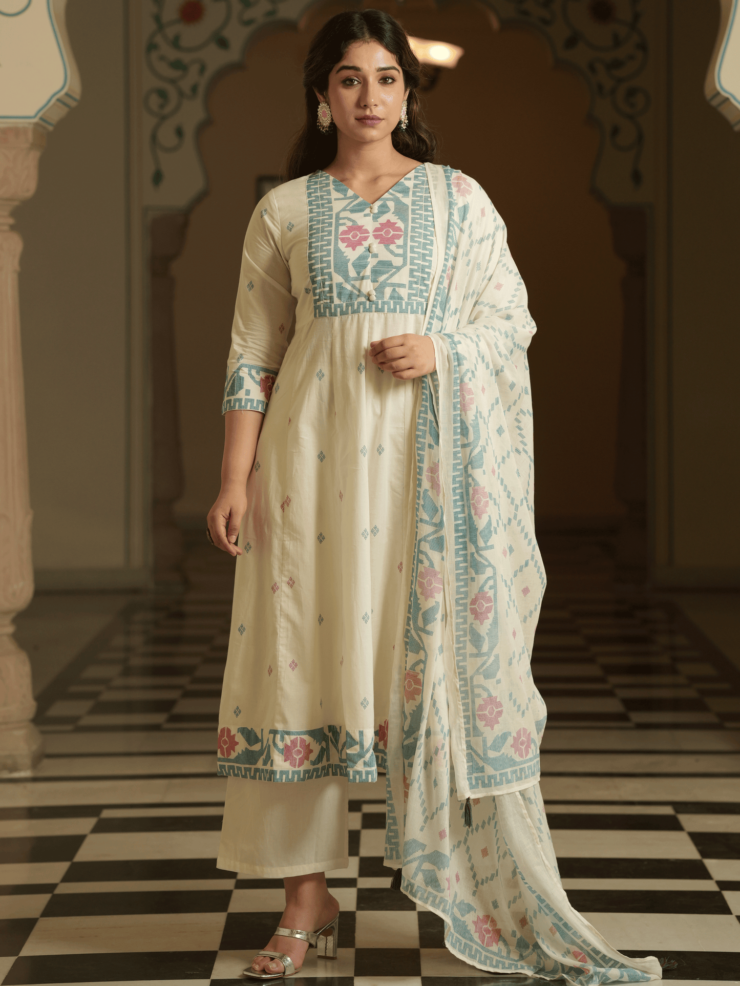 Soft Cotton Geometric Off White Kurta