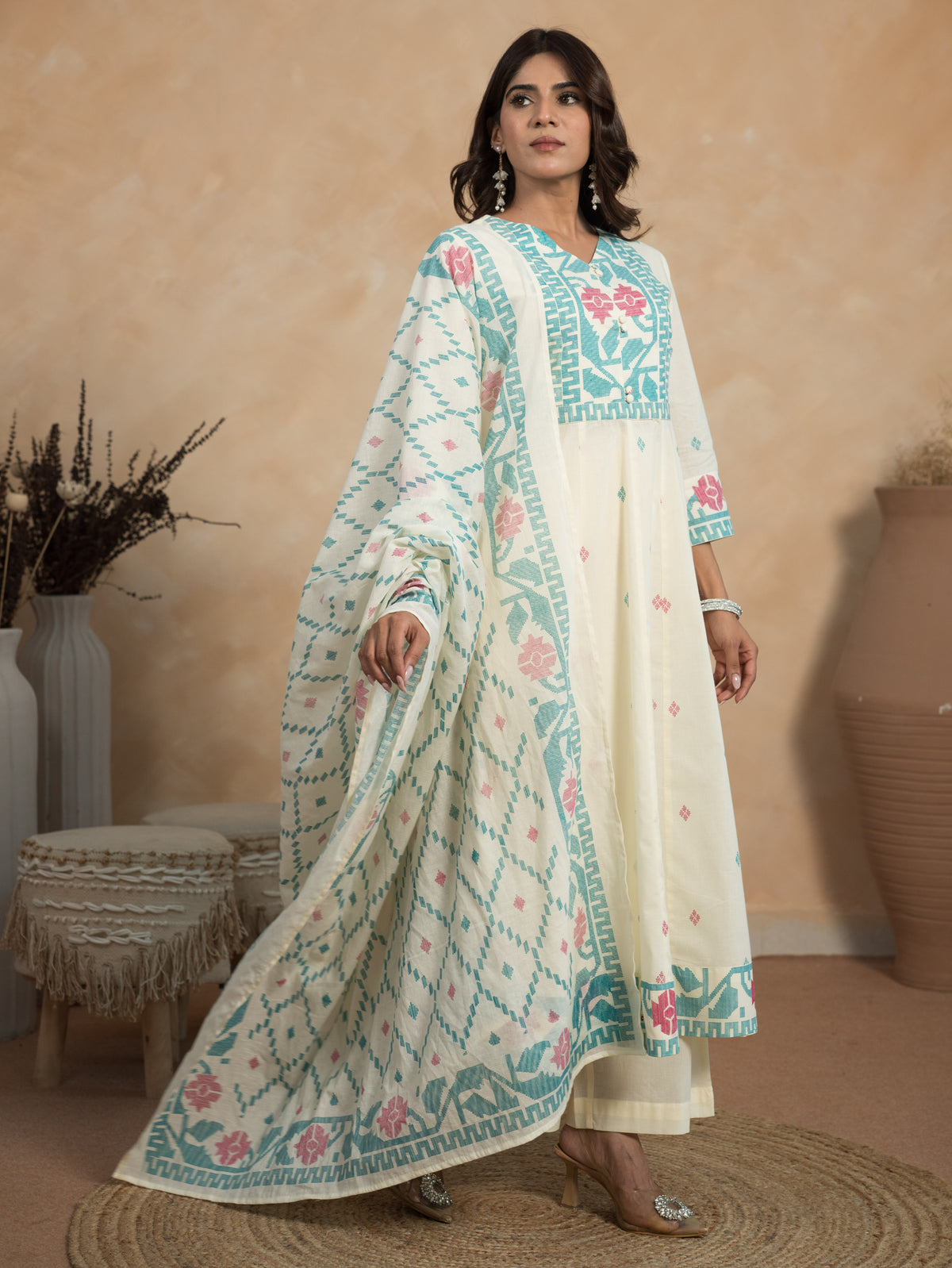 Soft Cotton Geometric Off White Kurta