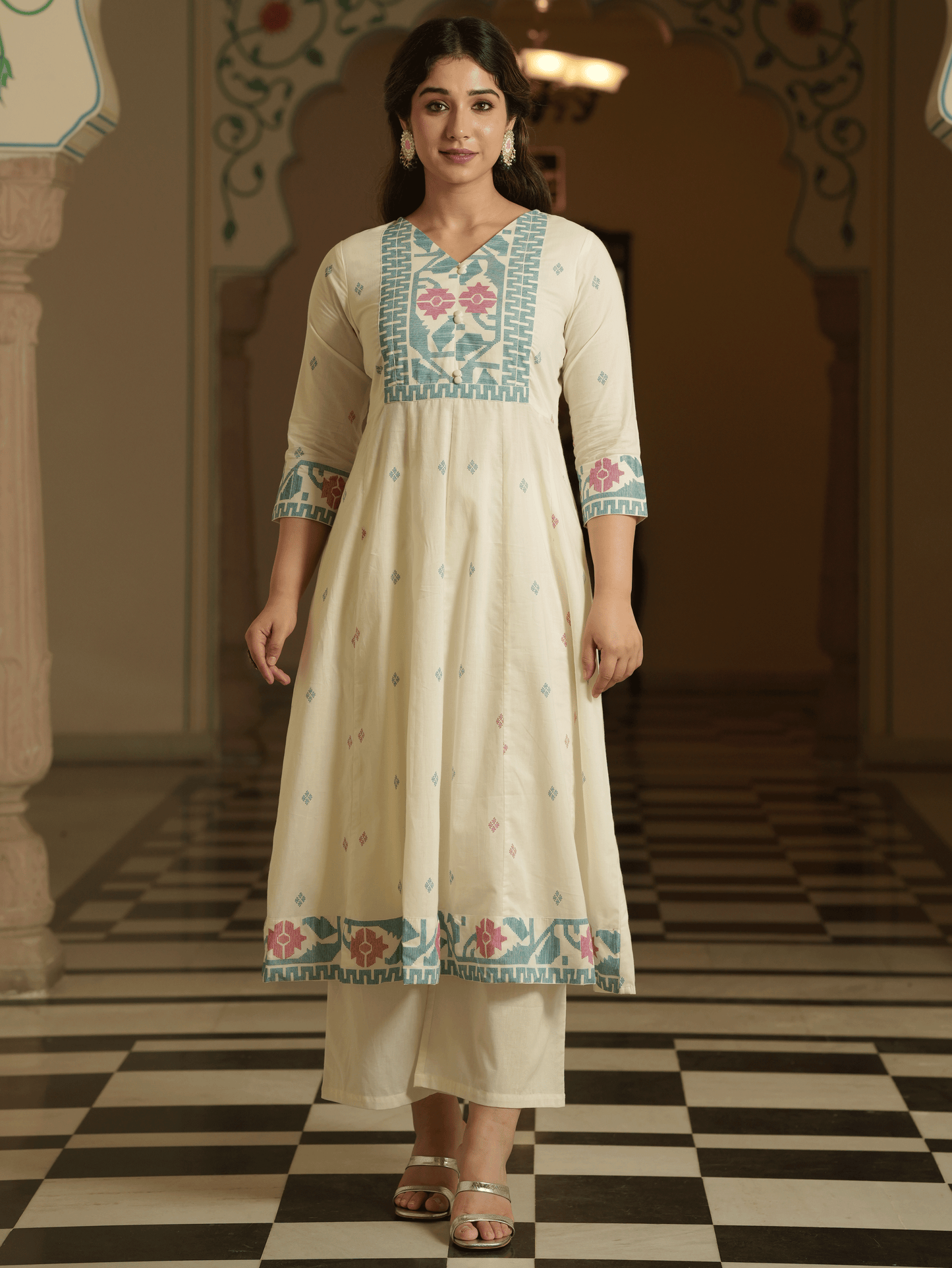 Soft Cotton Geometric Off White Kurta
