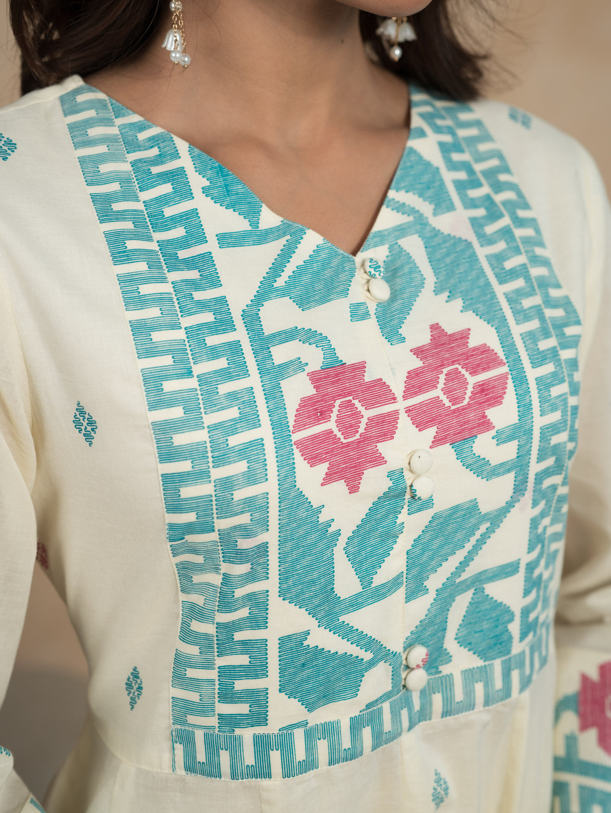 Soft Cotton Geometric Off White Kurta