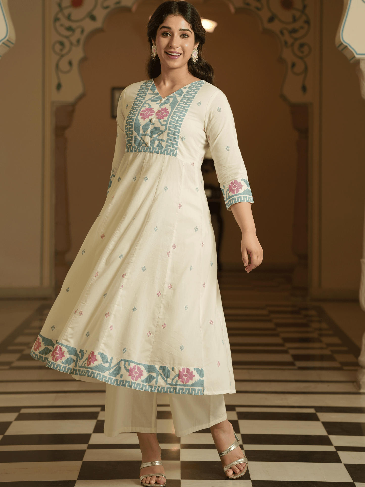 Soft Cotton Geometric Off White Kurta
