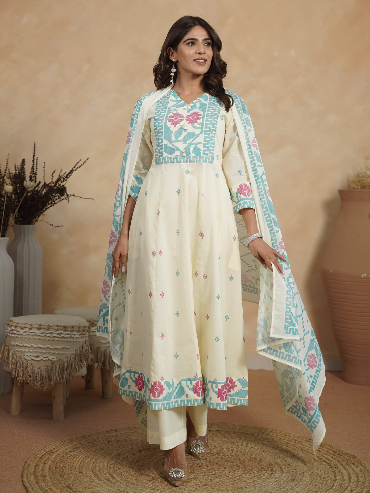 Soft Cotton Geometric Off White Kurta