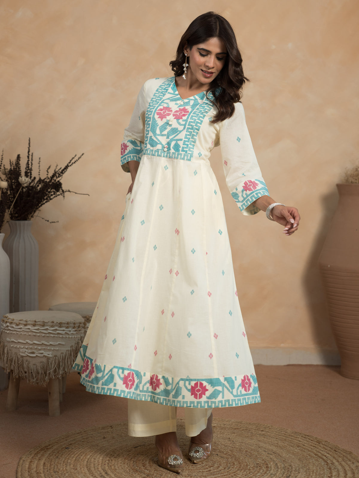 Soft Cotton Geometric Off White Kurta