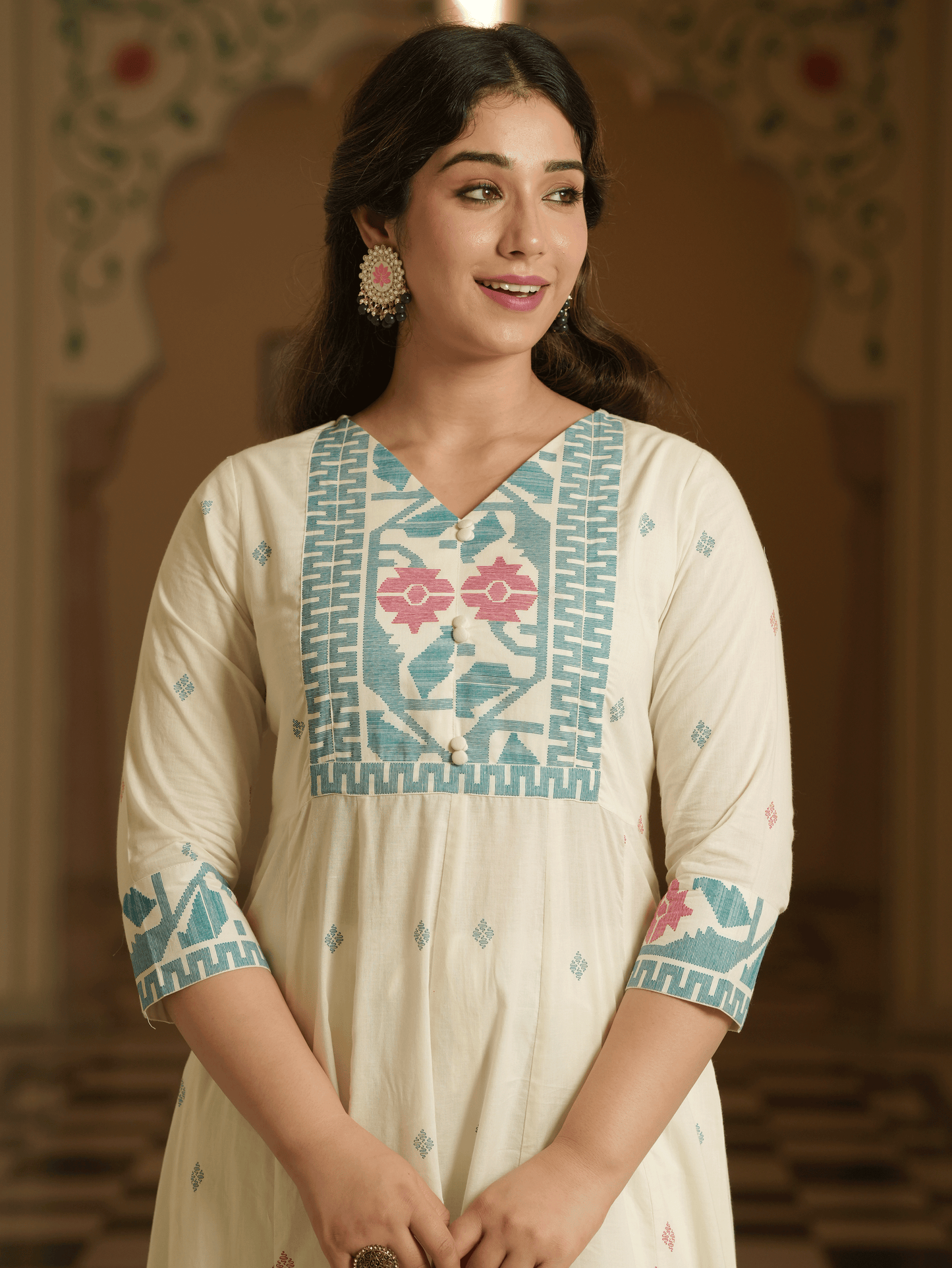 Soft Cotton Geometric Off White Kurta