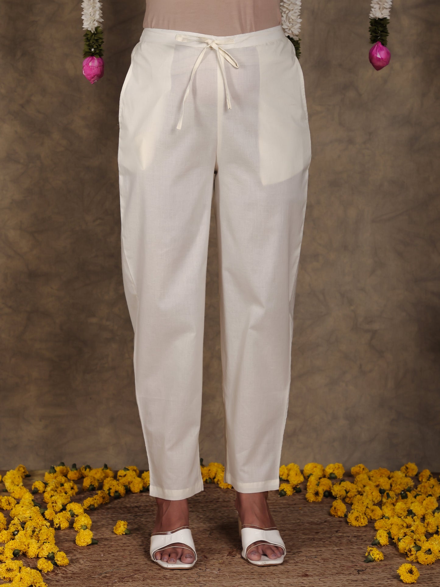 Soft Cotton Geometric Off White Flared Trousers