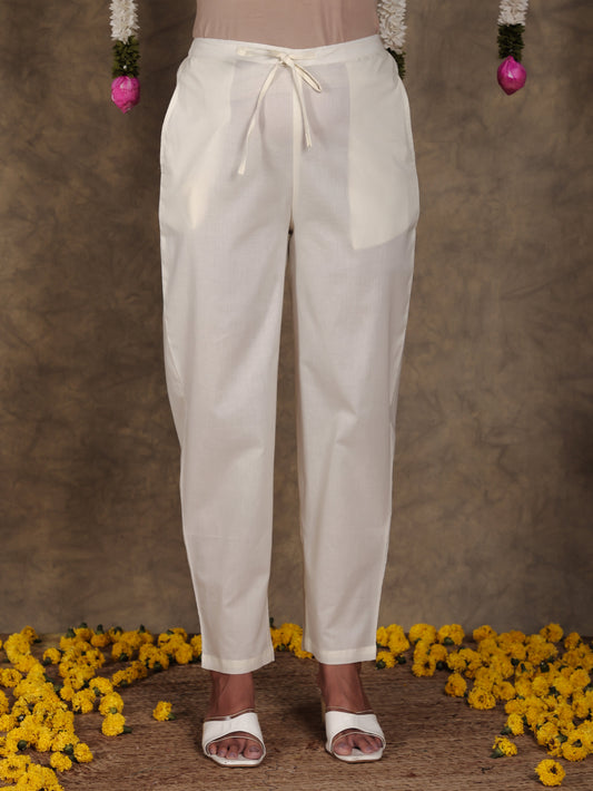 Soft Cotton Geometric Off White Flared Trousers
