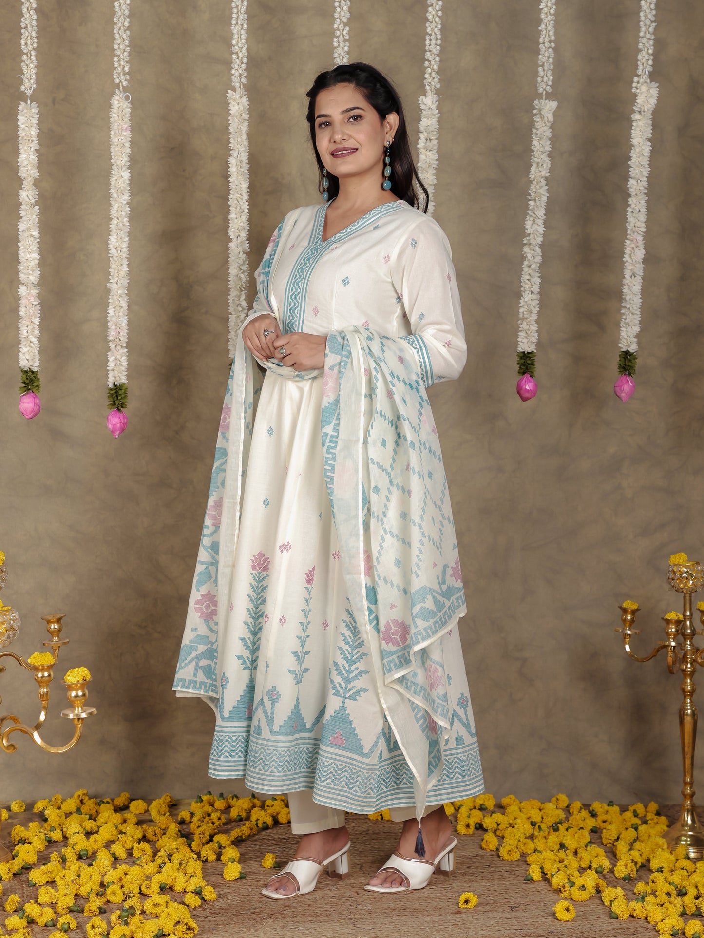 Soft Cotton Geometric Angrakha Off White Kurta