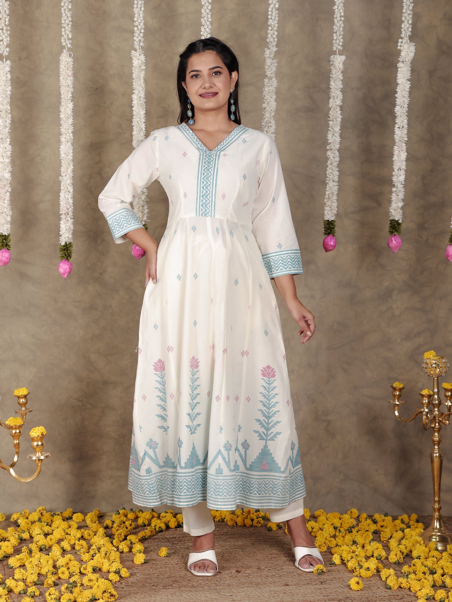 Soft Cotton Geometric Angrakha Off White Kurta
