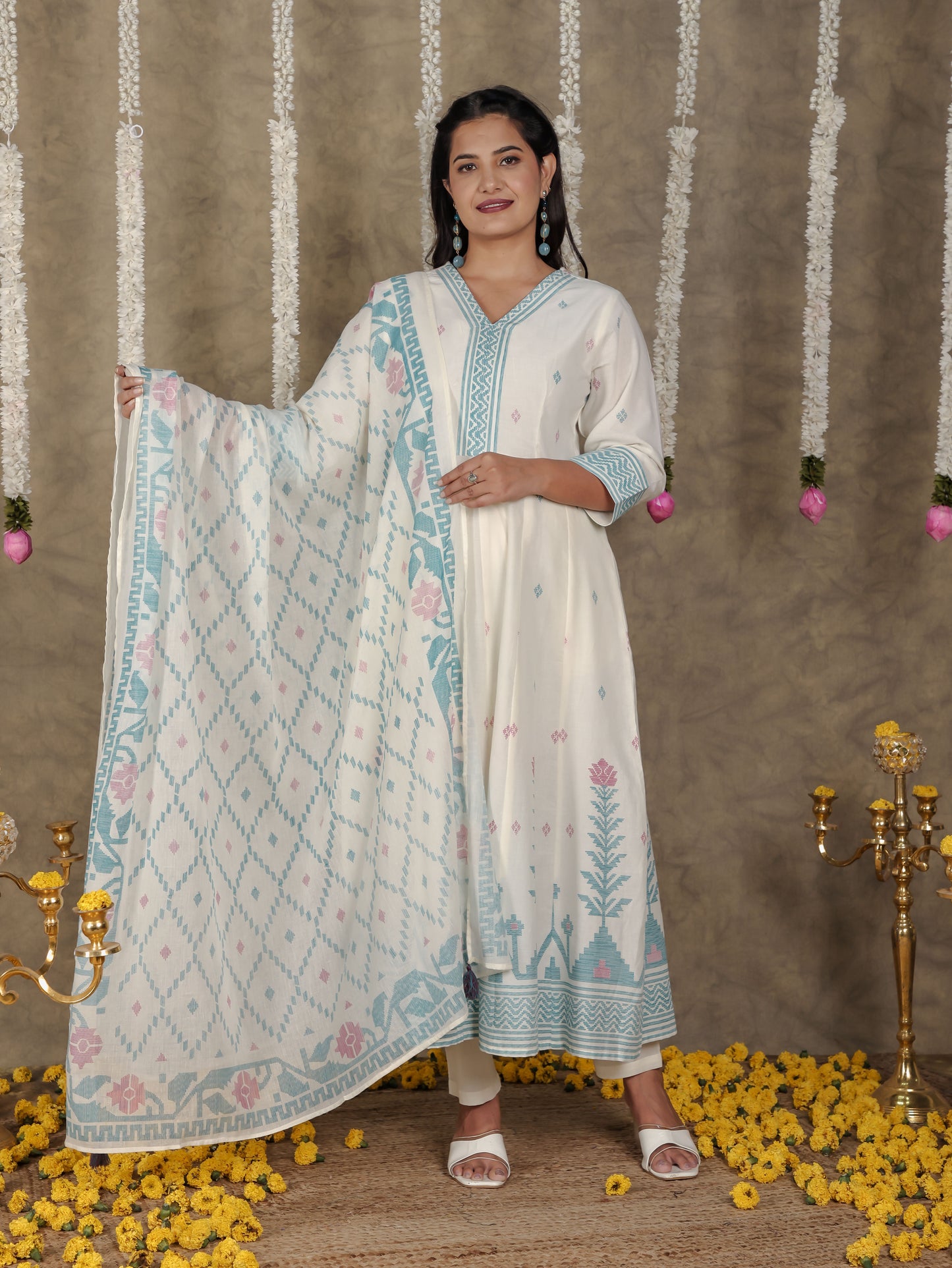 Soft Cotton Geometric Angrakha Off White Kurta