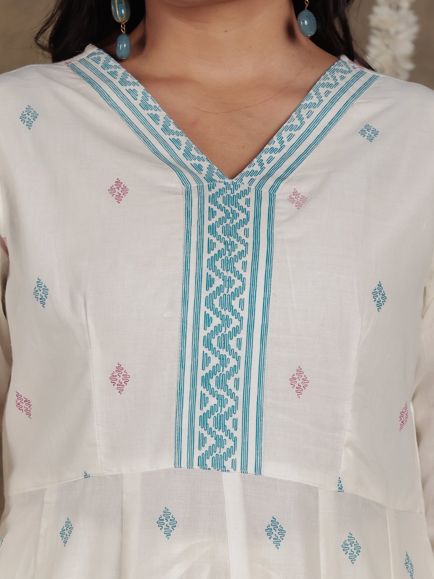 Soft Cotton Geometric Angrakha Off White Kurta