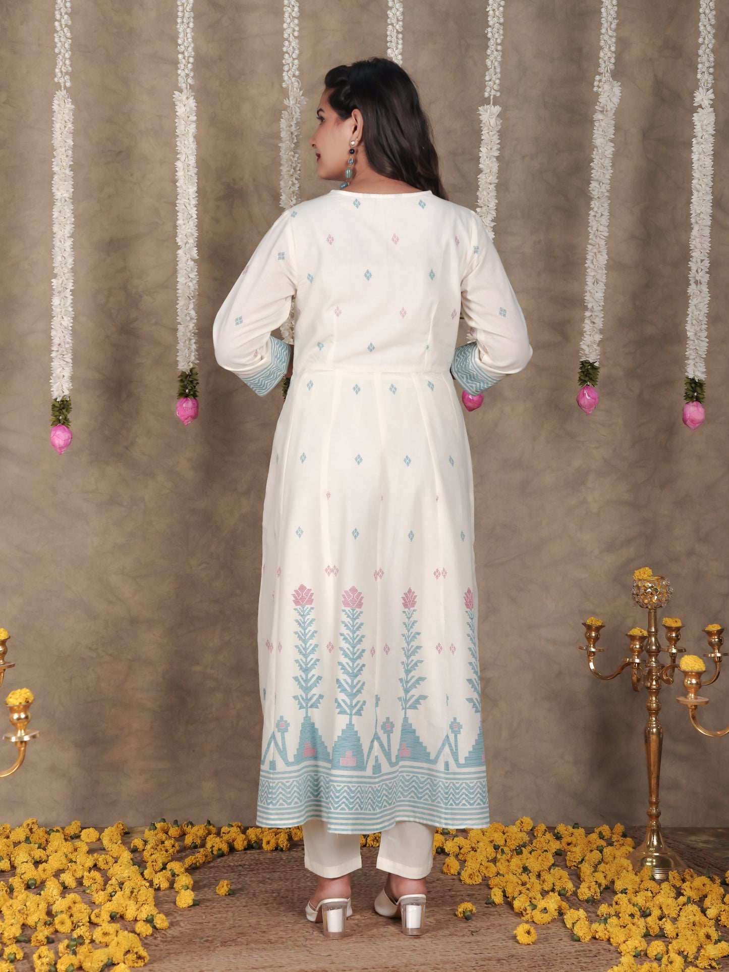 Soft Cotton Geometric Angrakha Off White Kurta