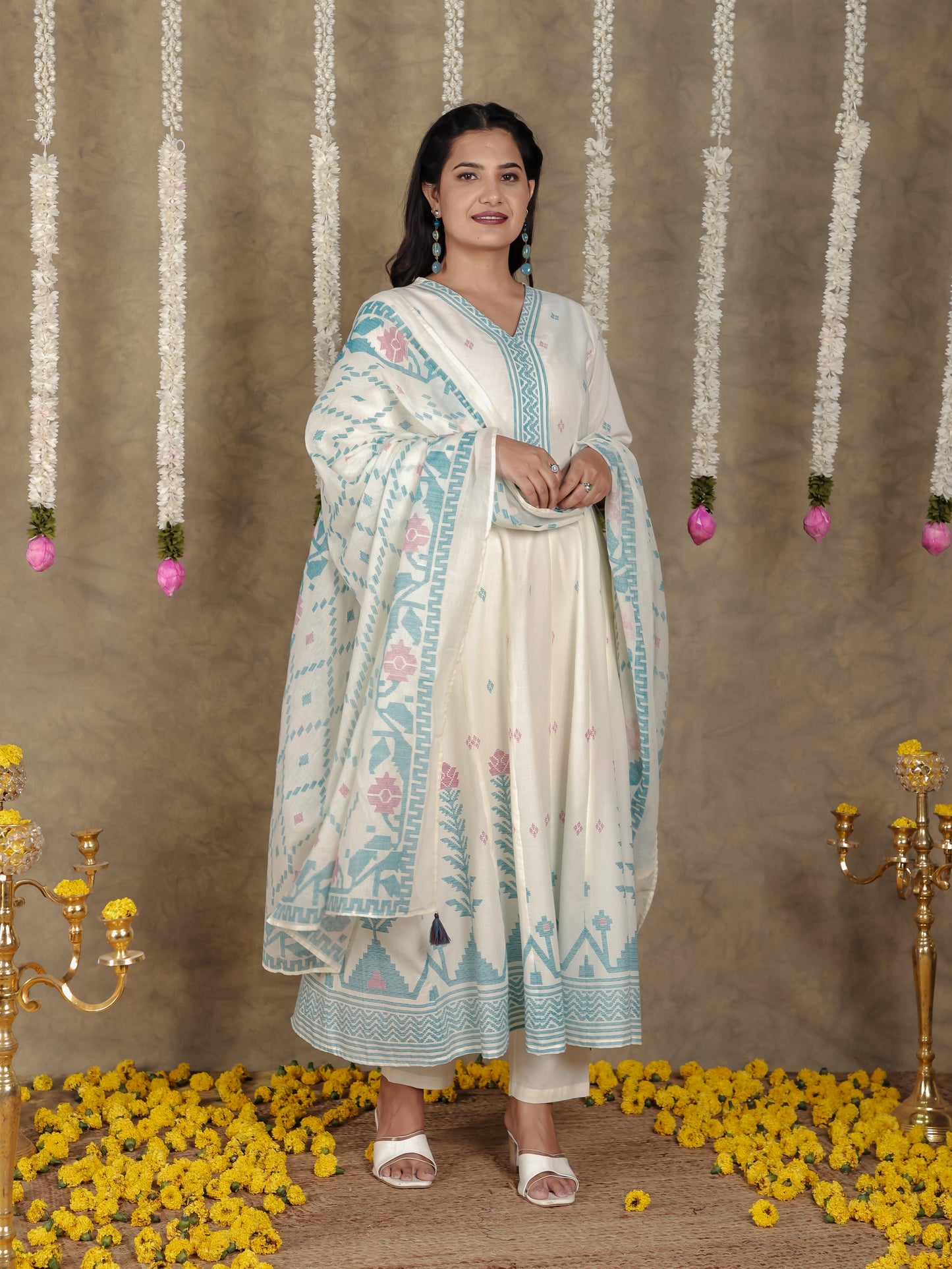 Soft Cotton Geometric Angrakha Off White Kurta