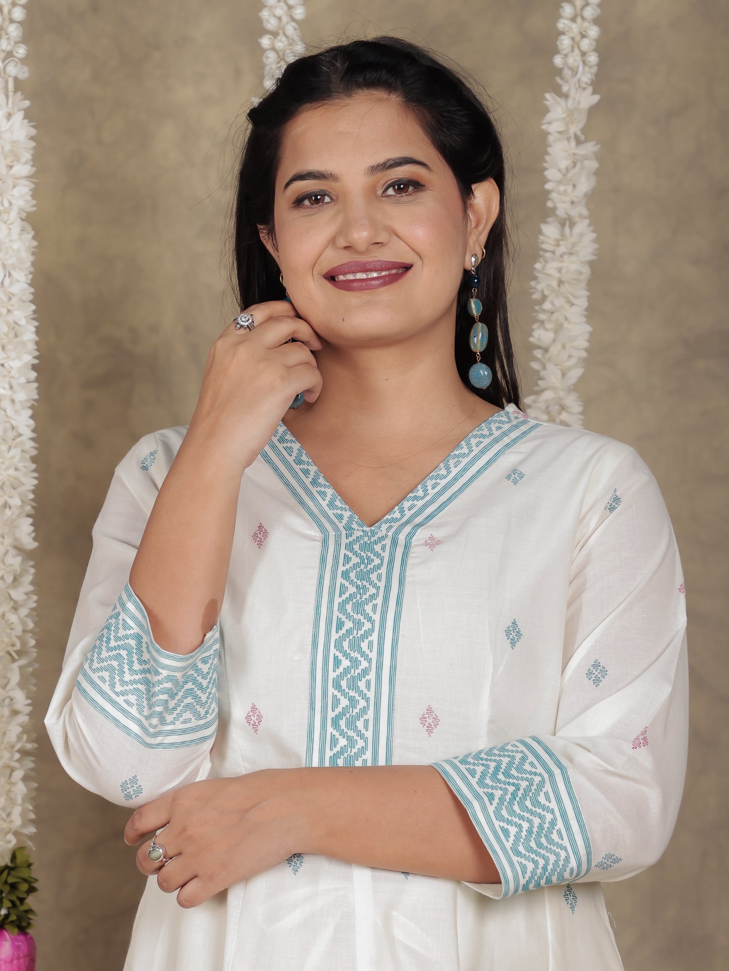 Soft Cotton Geometric Angrakha Off White Kurta