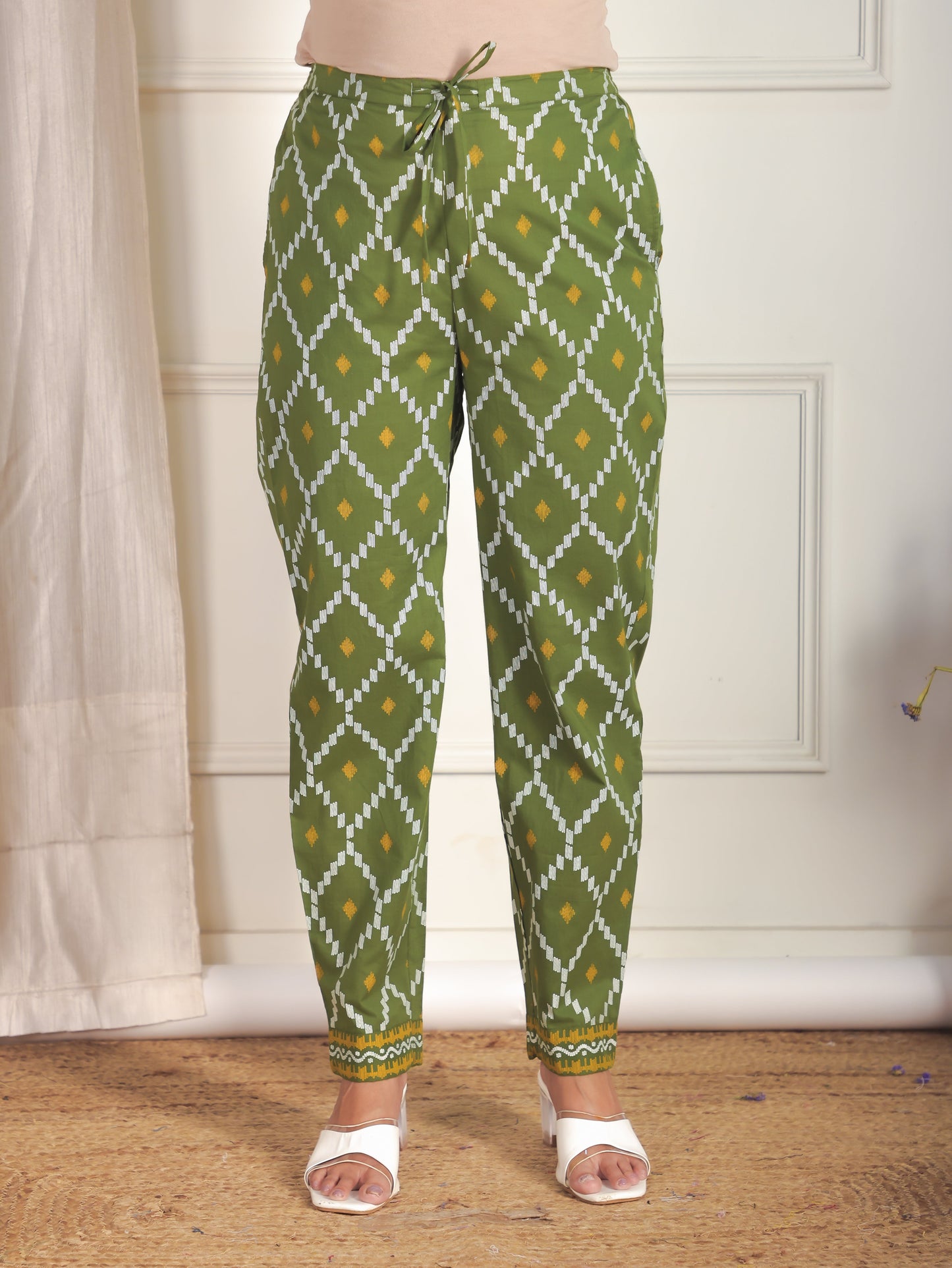 Soft Cotton Geometric Green Tapered Trousers