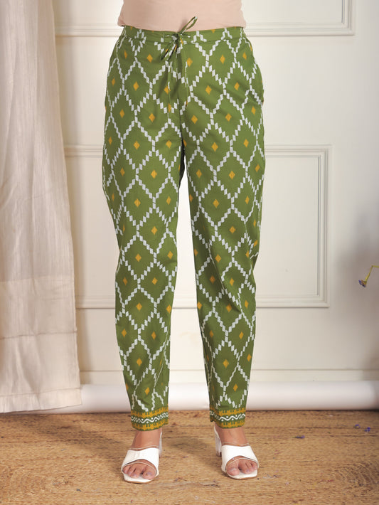Soft Cotton Geometric Green Tapered Trousers