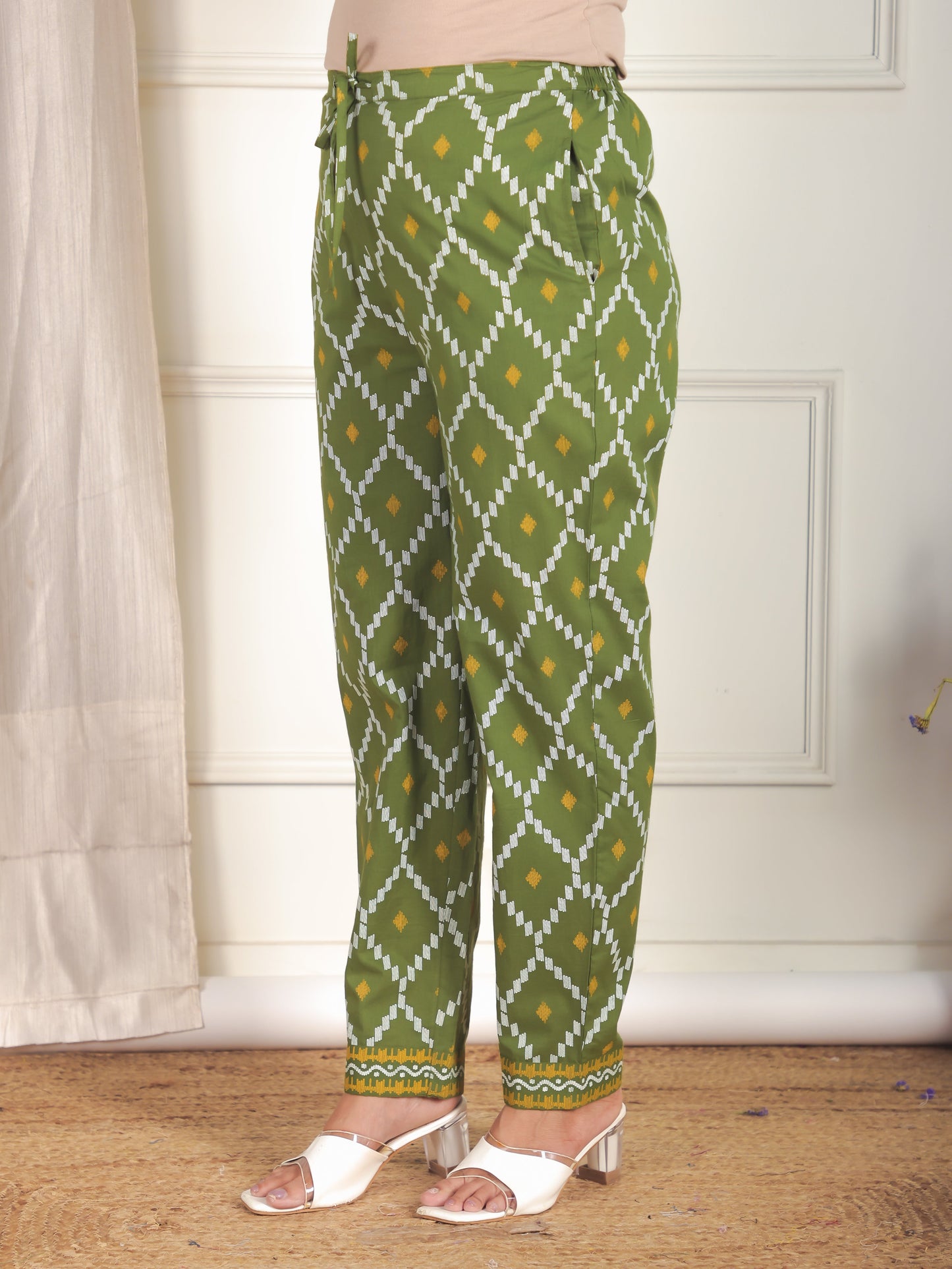 Soft Cotton Geometric Green Tapered Trousers