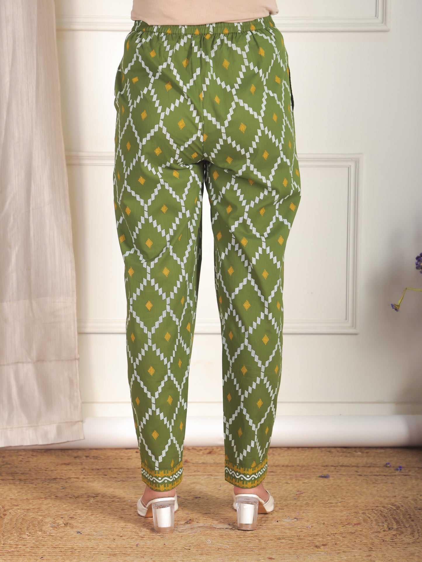 Soft Cotton Geometric Green Tapered Trousers