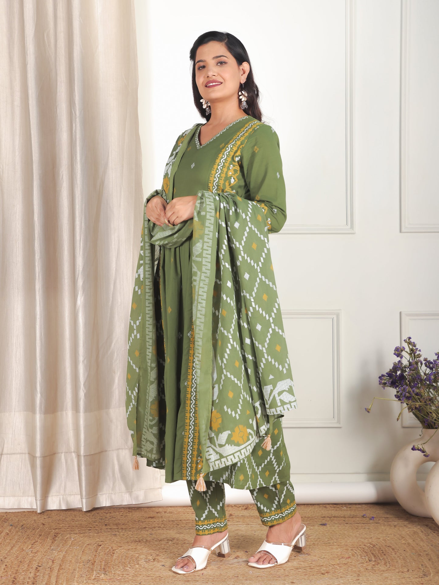 Cotton Voile Geometric Green Dupatta