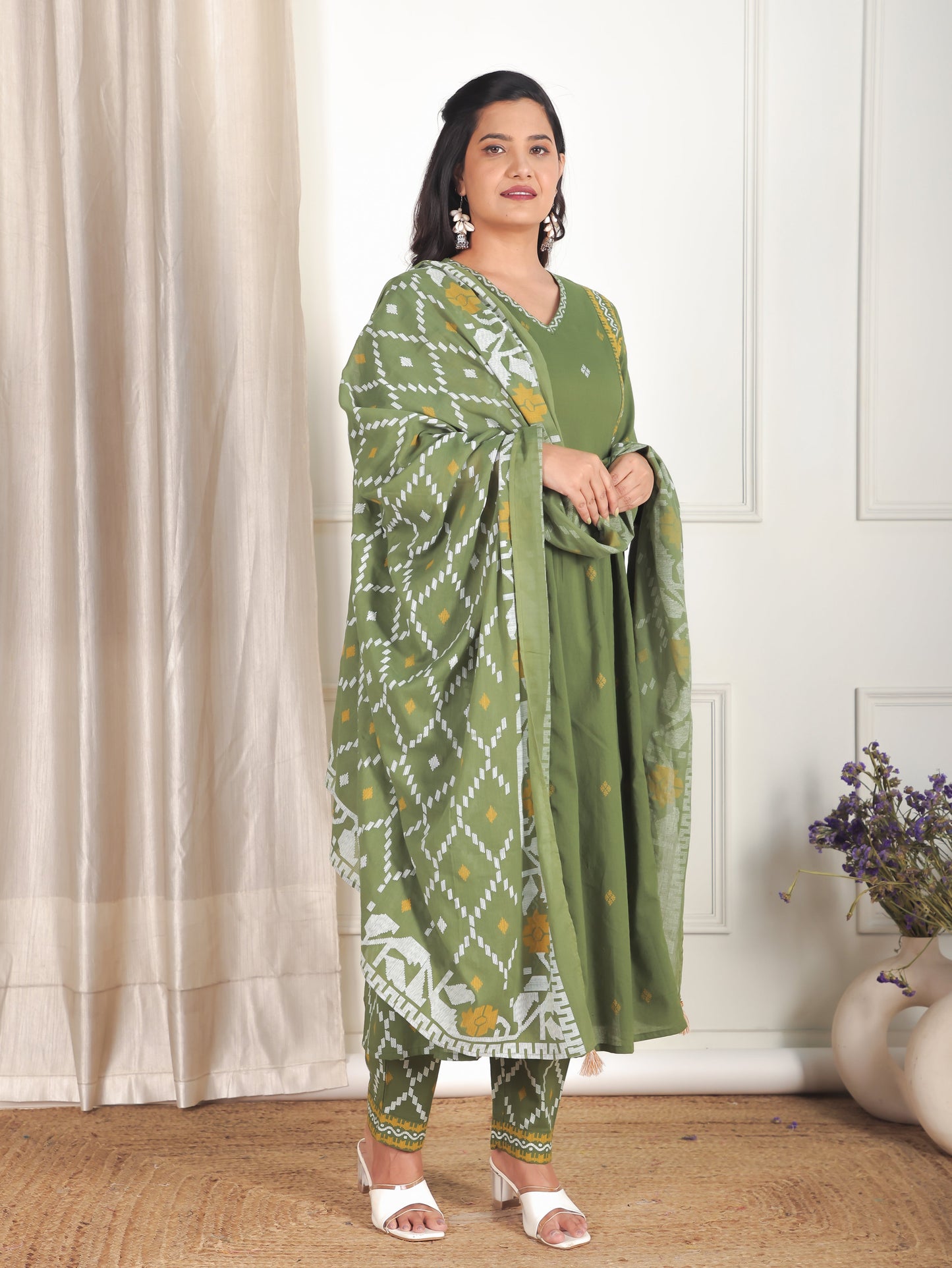 Cotton Voile Geometric Green Dupatta