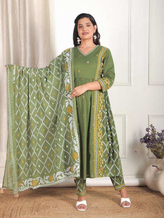Soft Cotton Geometric Flared Green Kurta