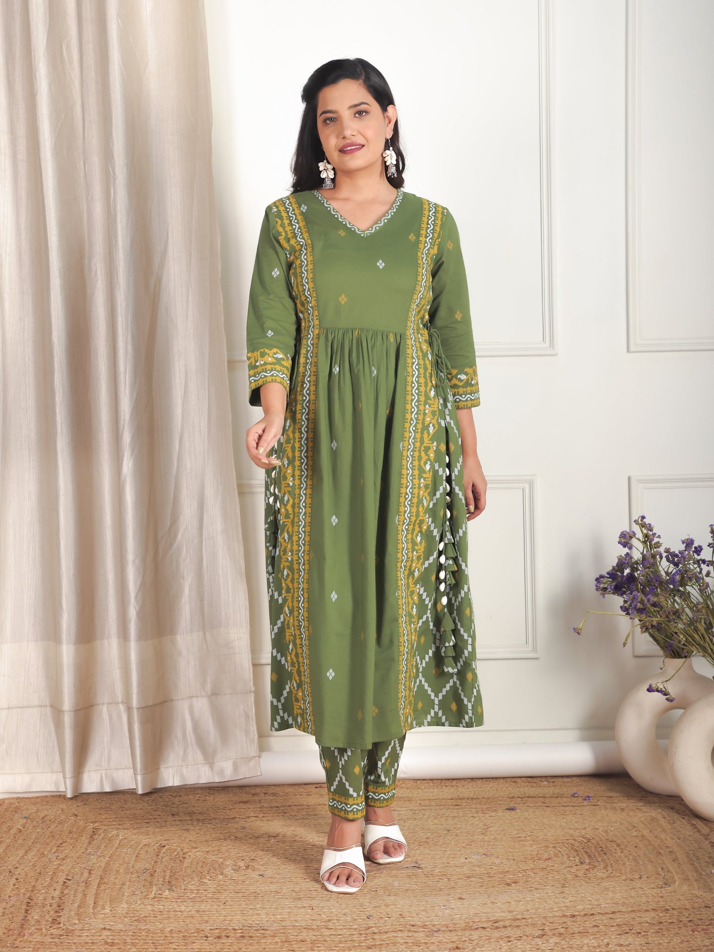 Soft Cotton Geometric Flared Green Kurta