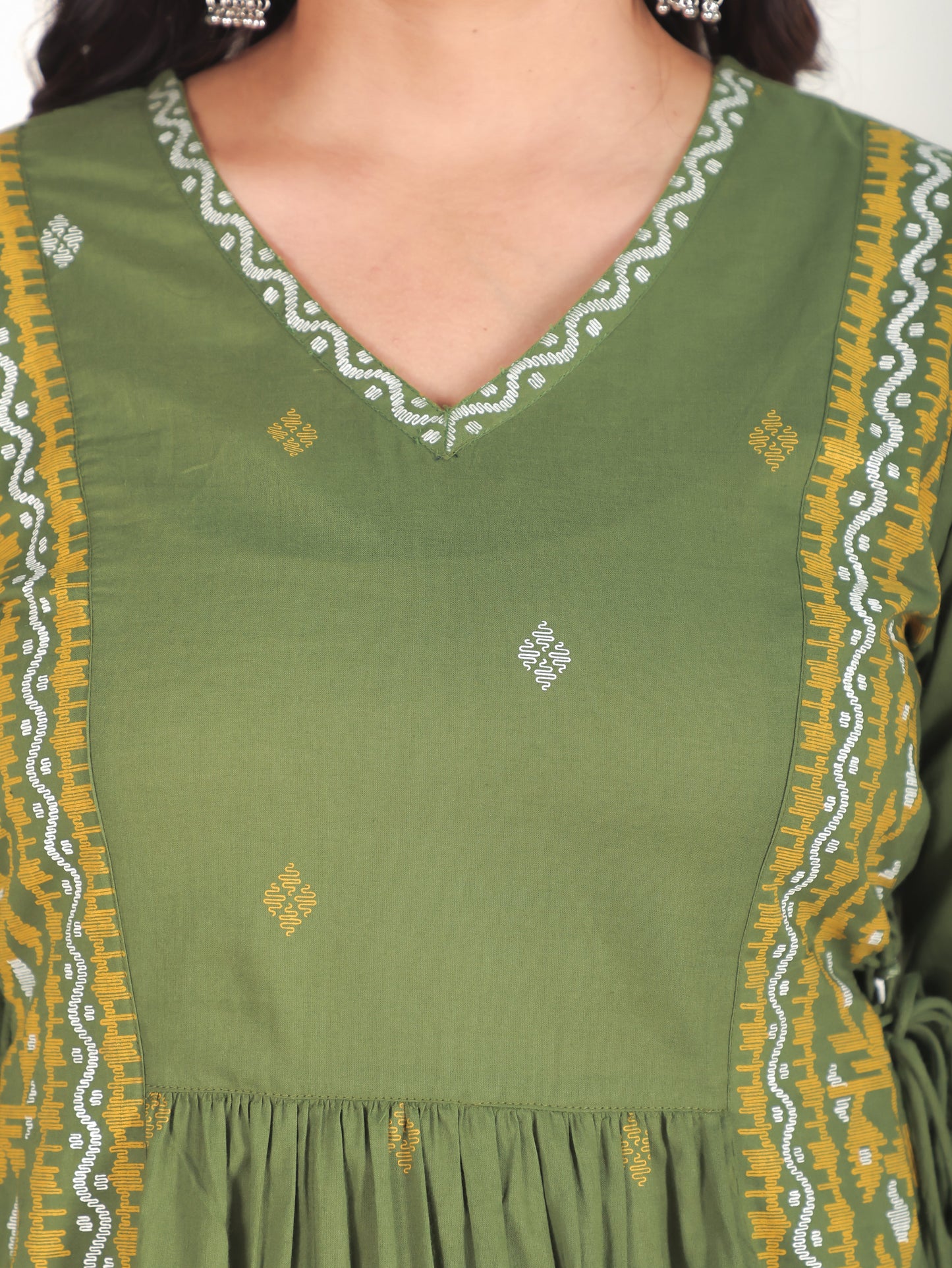 Soft Cotton Geometric Flared Green Kurta