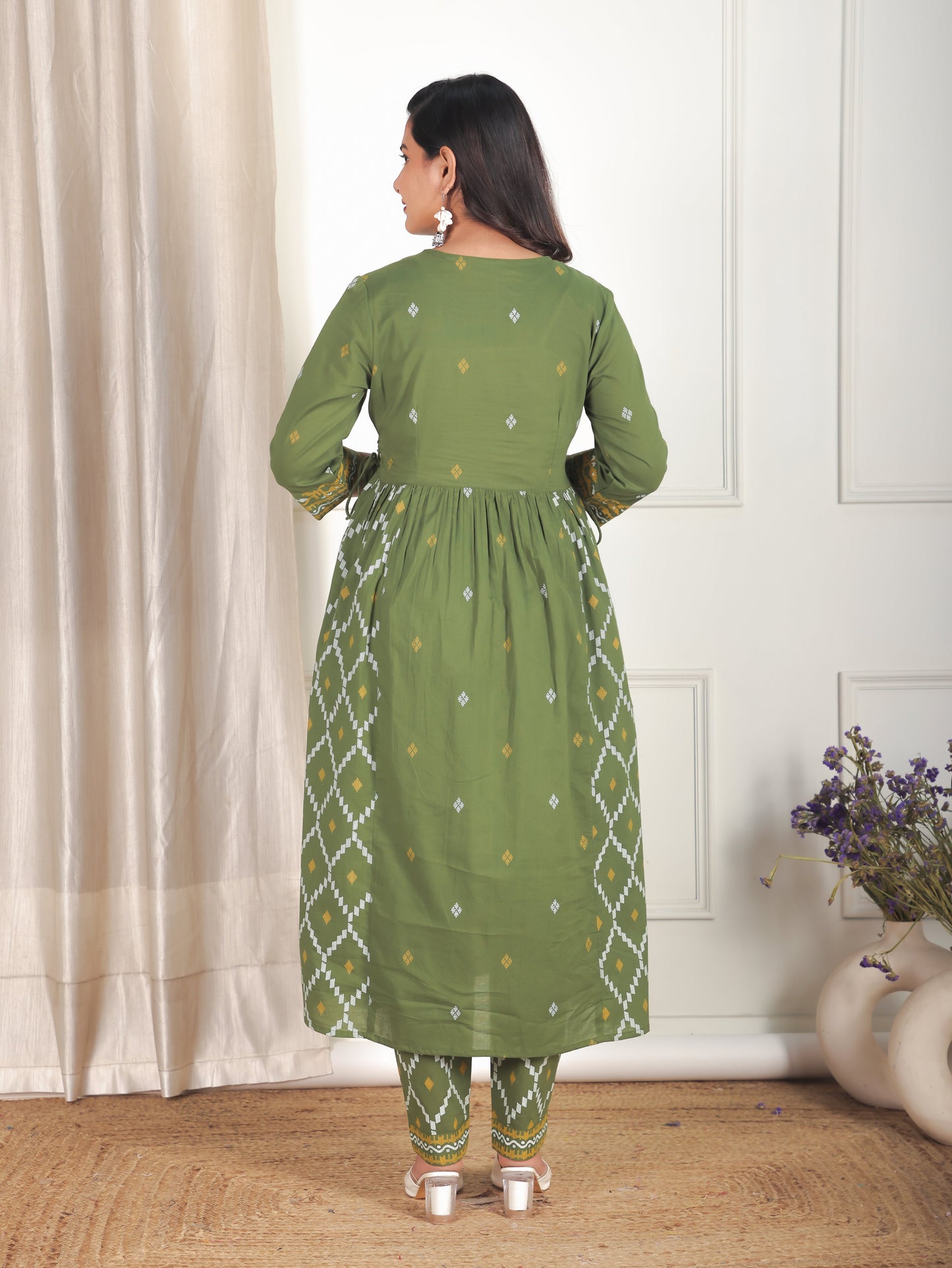 Soft Cotton Geometric Flared Green Kurta