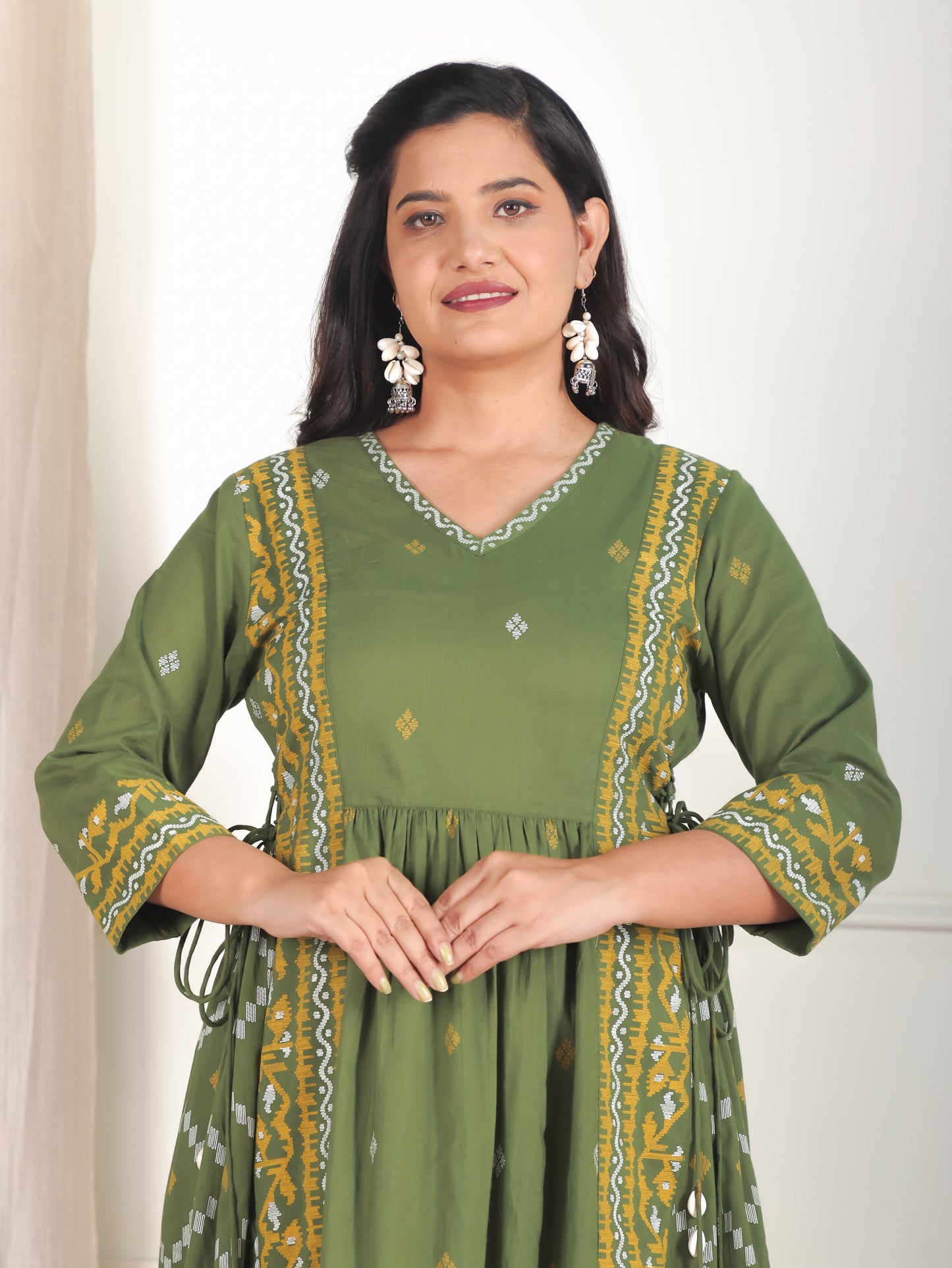 Soft Cotton Geometric Flared Green Kurta