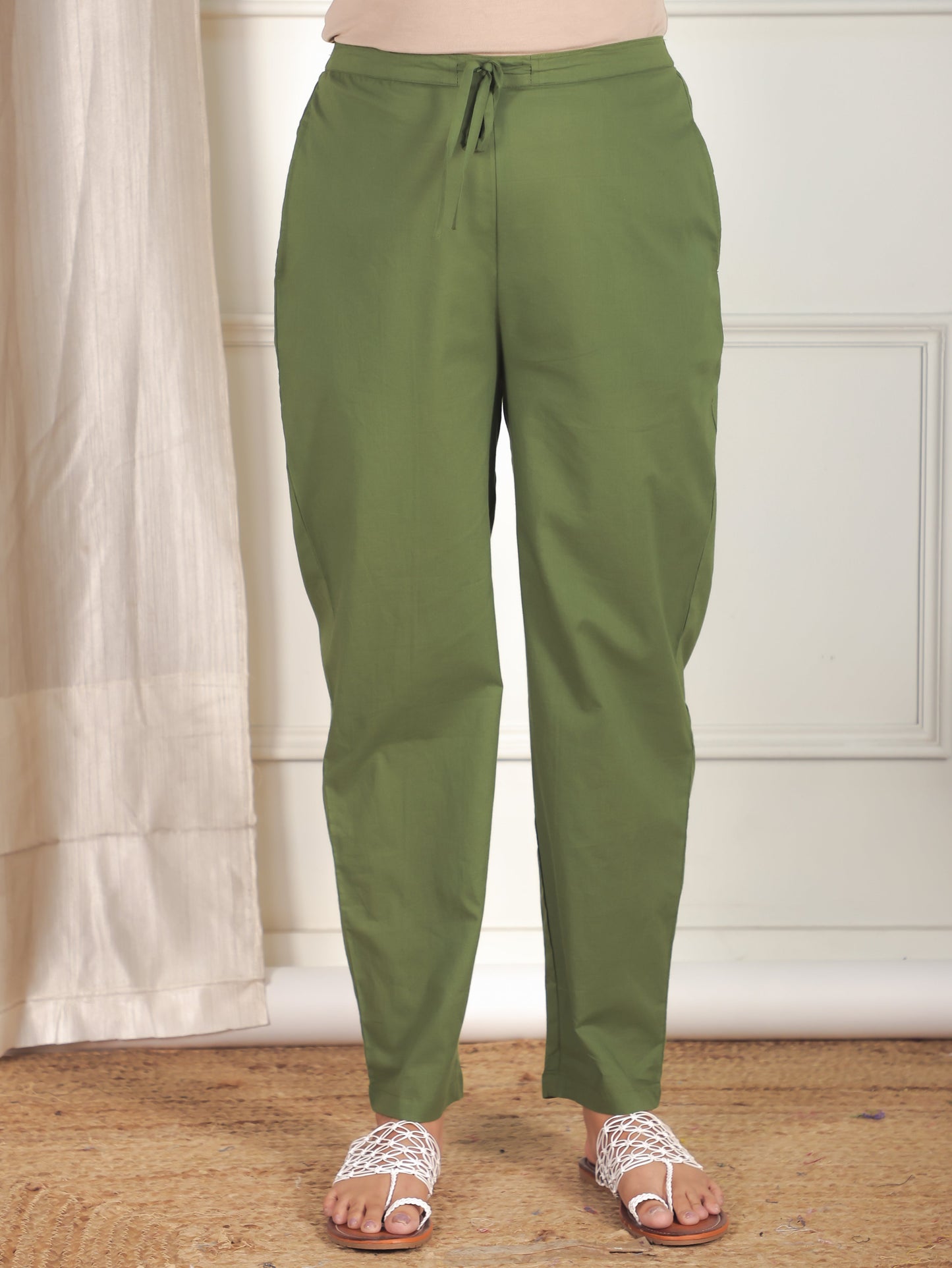 Soft Cotton Geometric Green Tapered Trousers