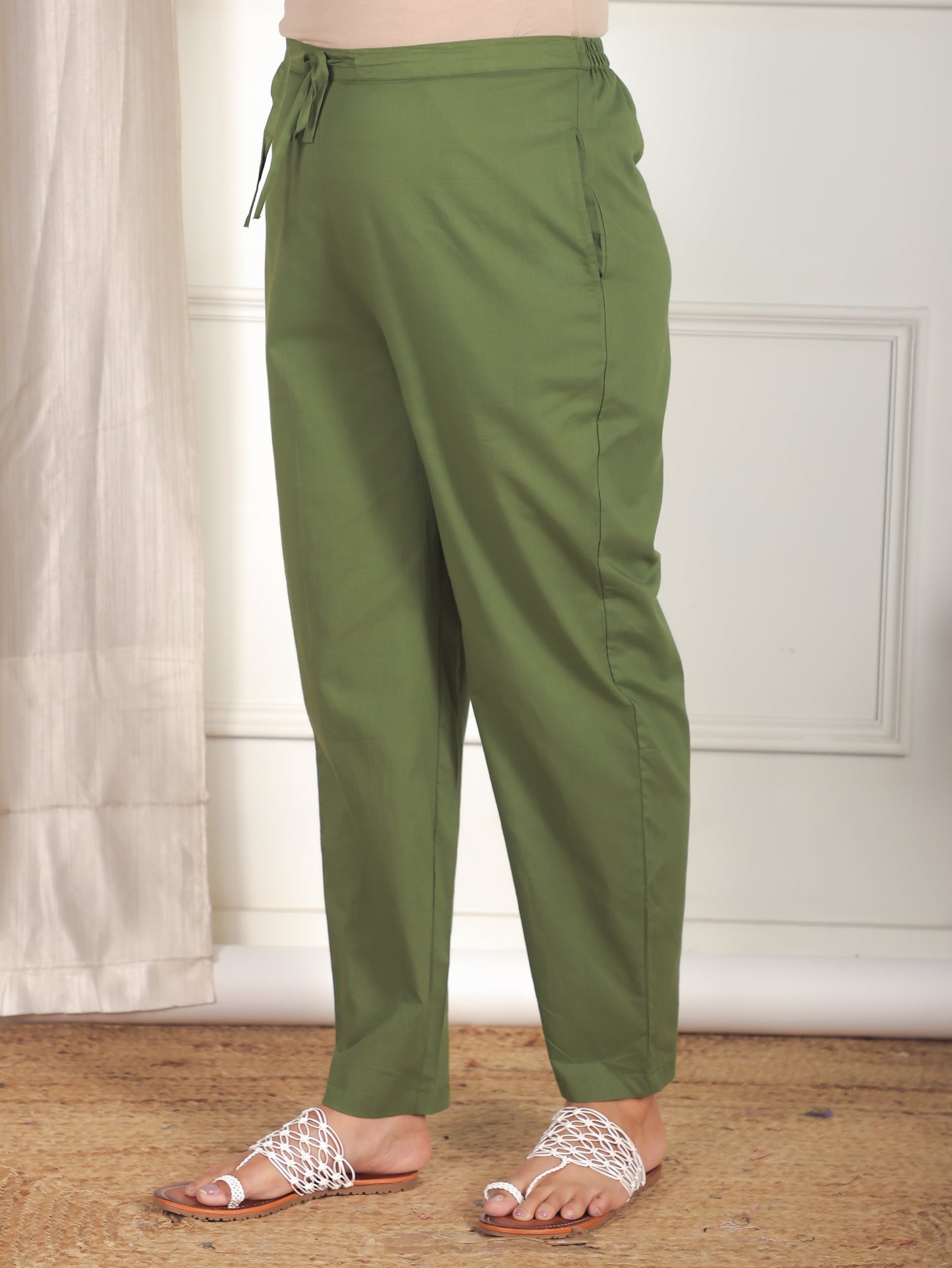 Soft Cotton Geometric Green Tapered Trousers