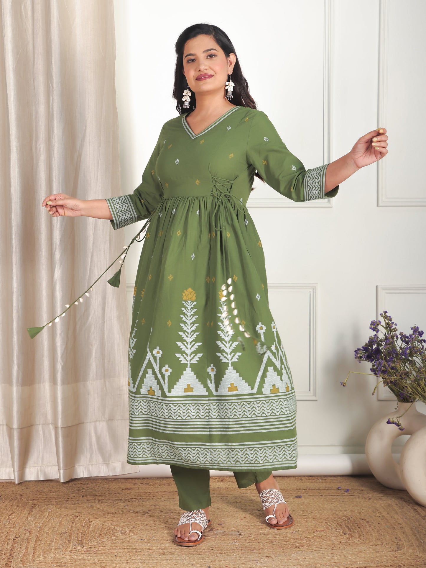 Soft Cotton Geometric Kalidar Green Kurta