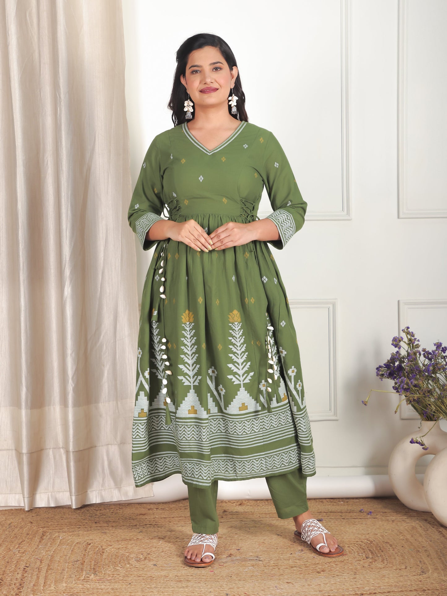 Soft Cotton Geometric Kalidar Green Kurta