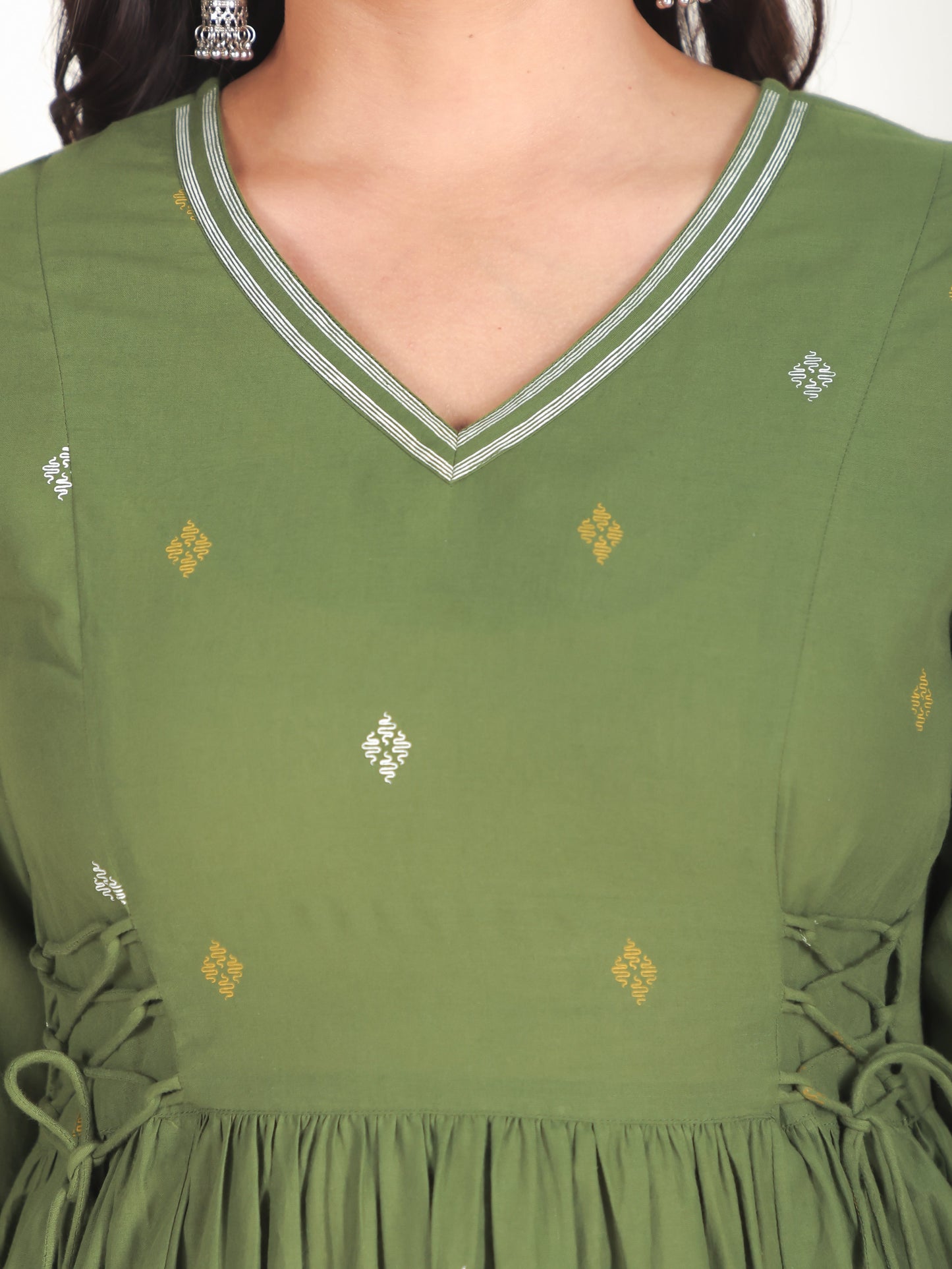 Soft Cotton Geometric Kalidar Green Kurta