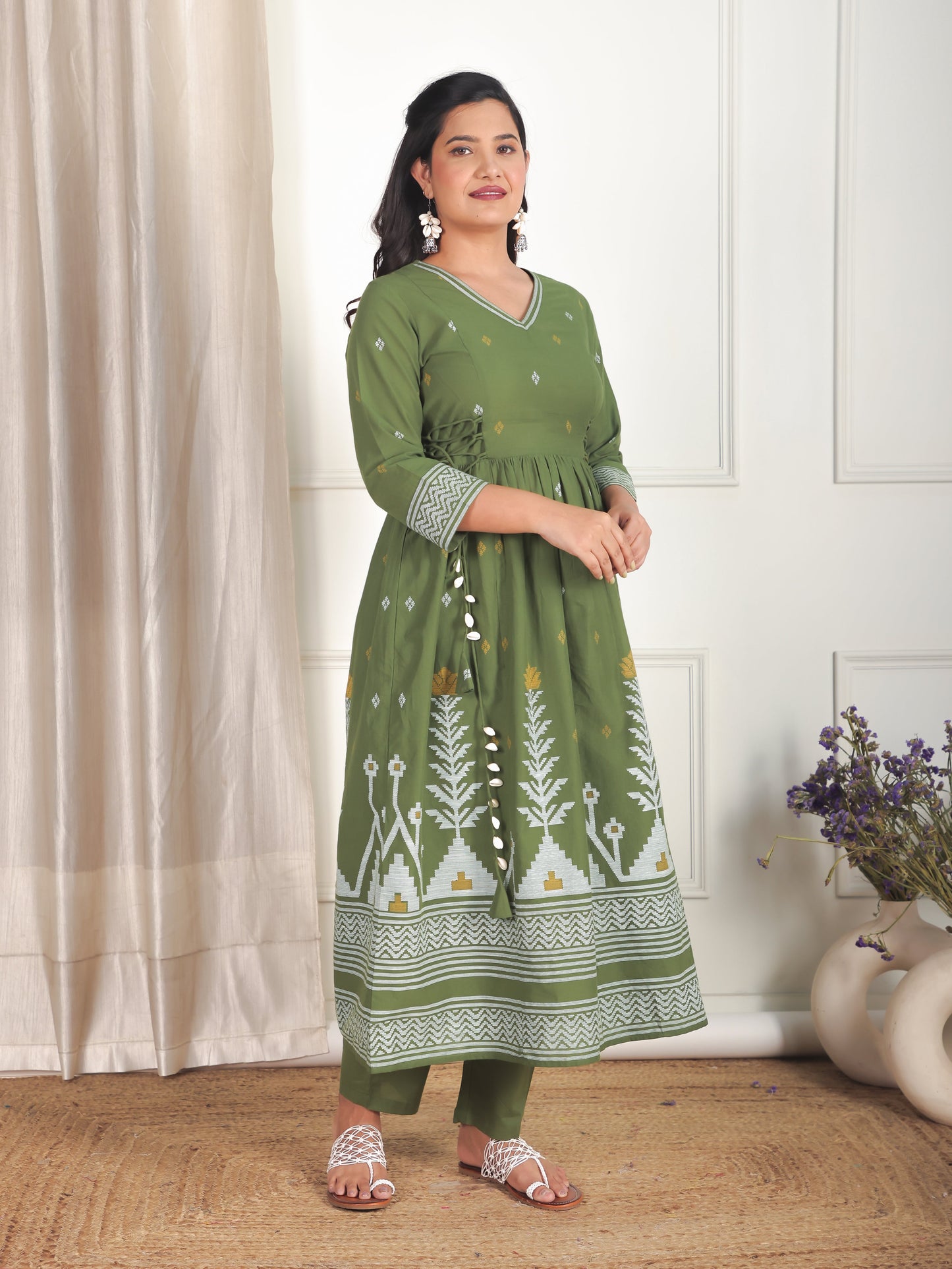 Soft Cotton Geometric Kalidar Green Kurta
