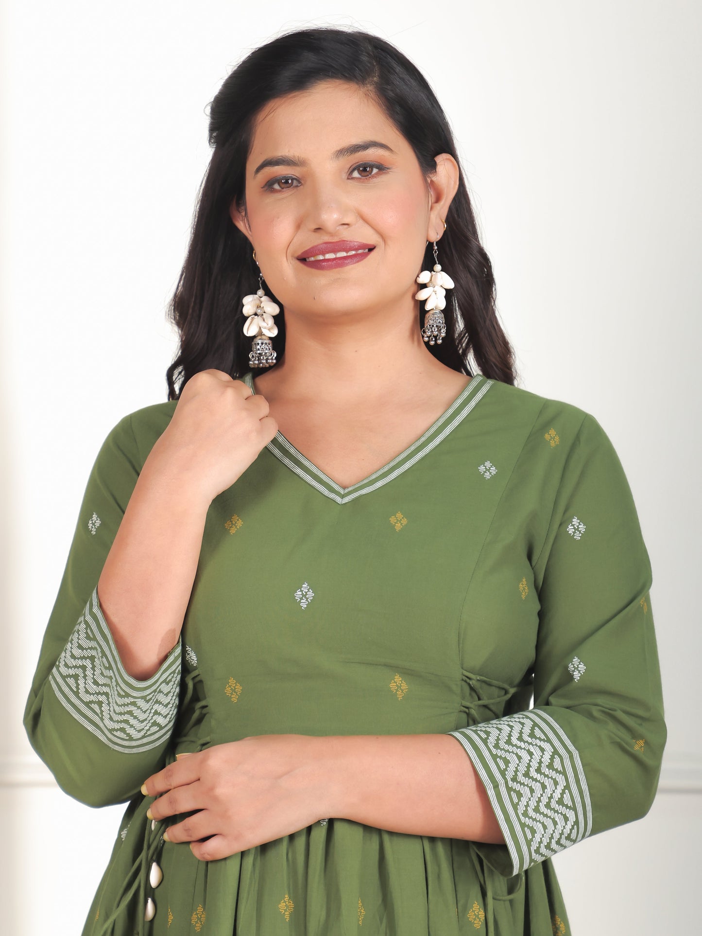 Soft Cotton Geometric Kalidar Green Kurta