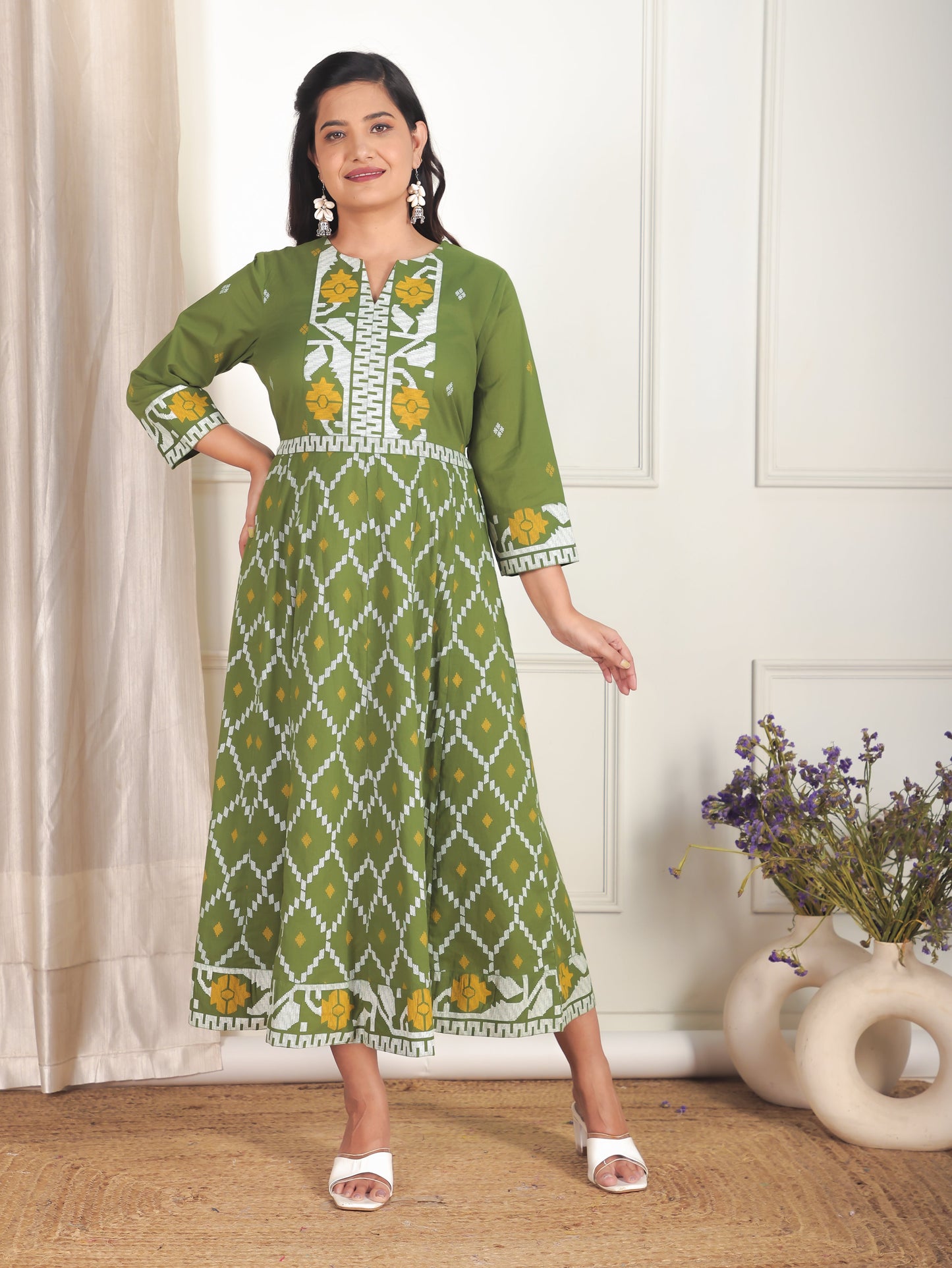 Soft Cotton Geometric Flared Green Dress