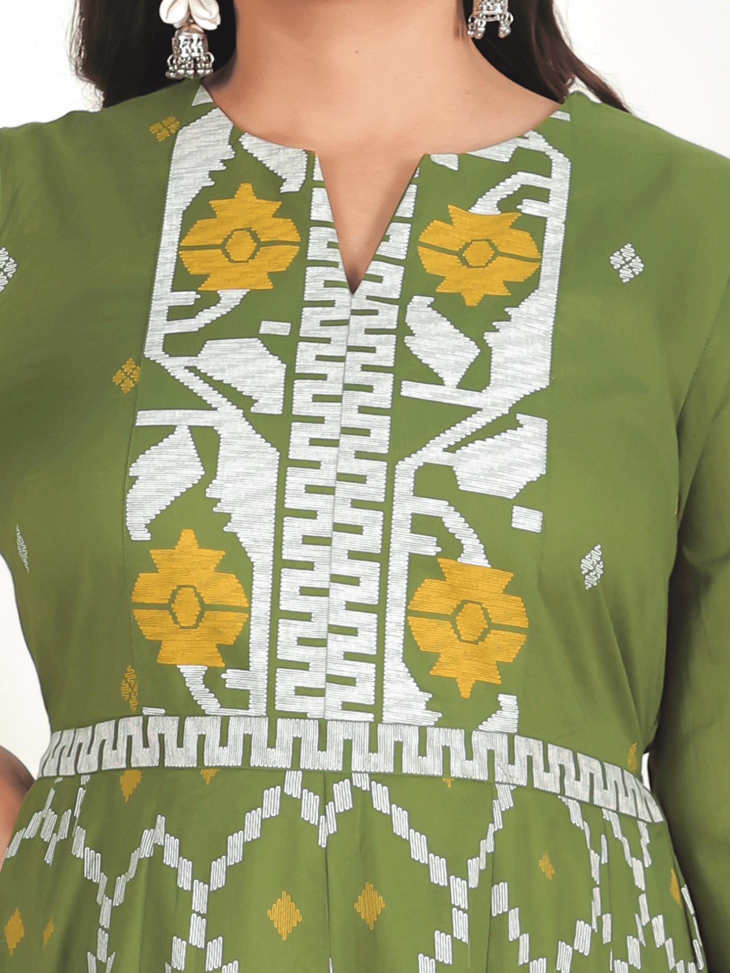 Soft Cotton Geometric Flared Green Dress