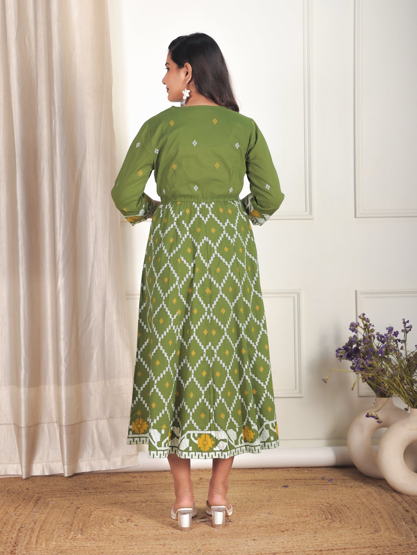 Soft Cotton Geometric Flared Green Dress